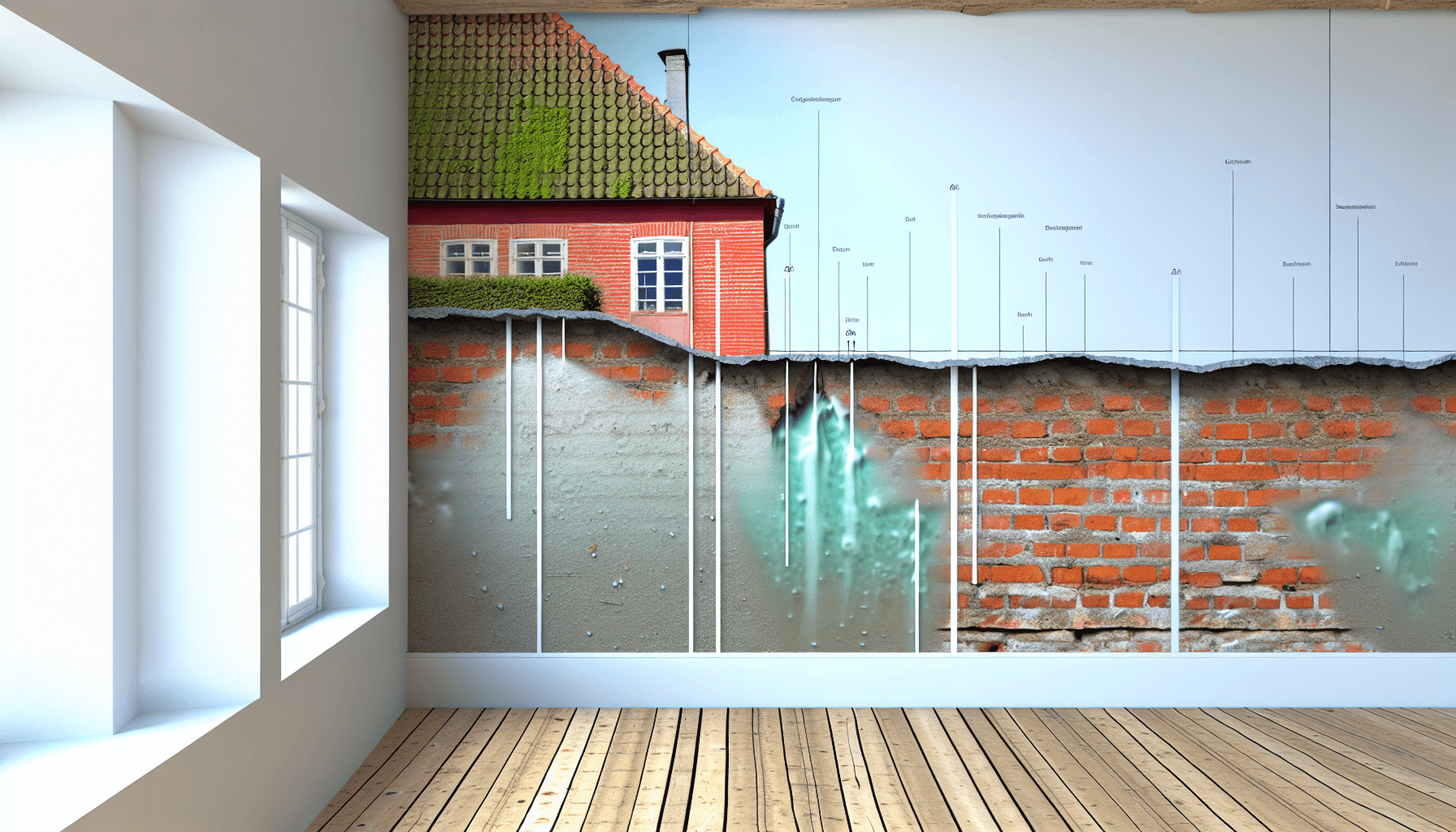 Tværsnit af mur med opstigende fugt