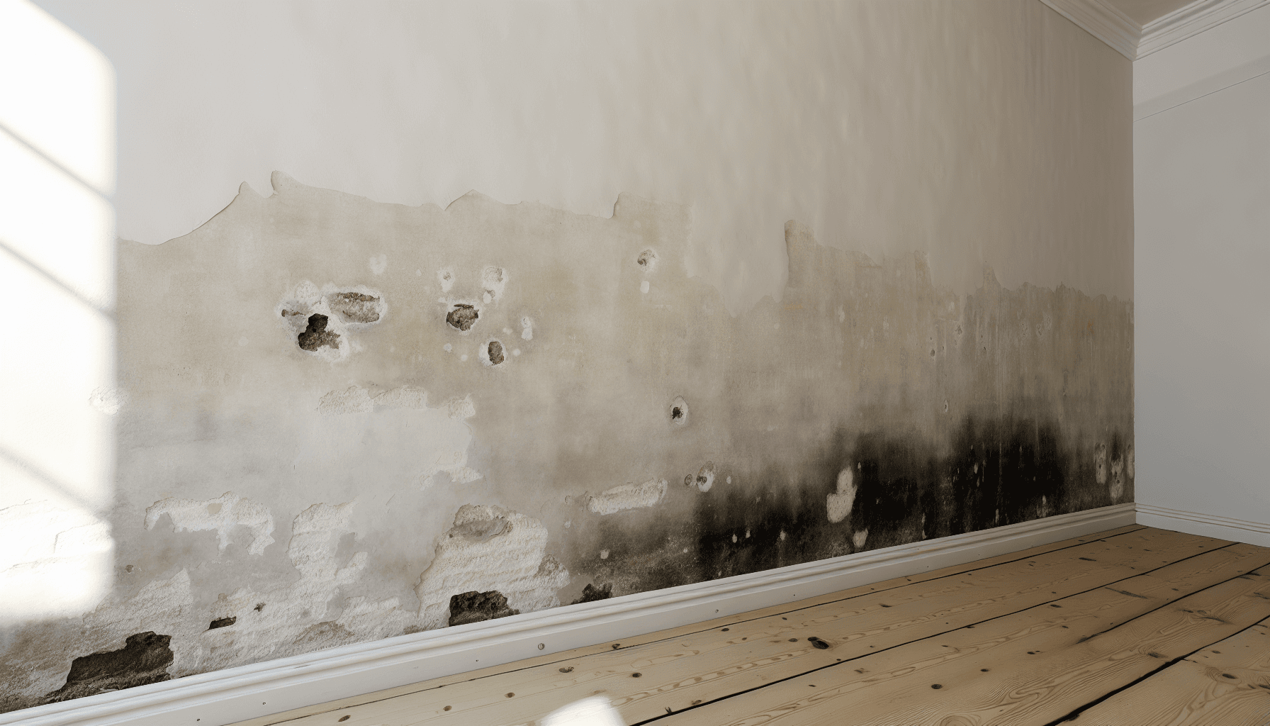 Væg med typiske tegn på opstigende fugt
