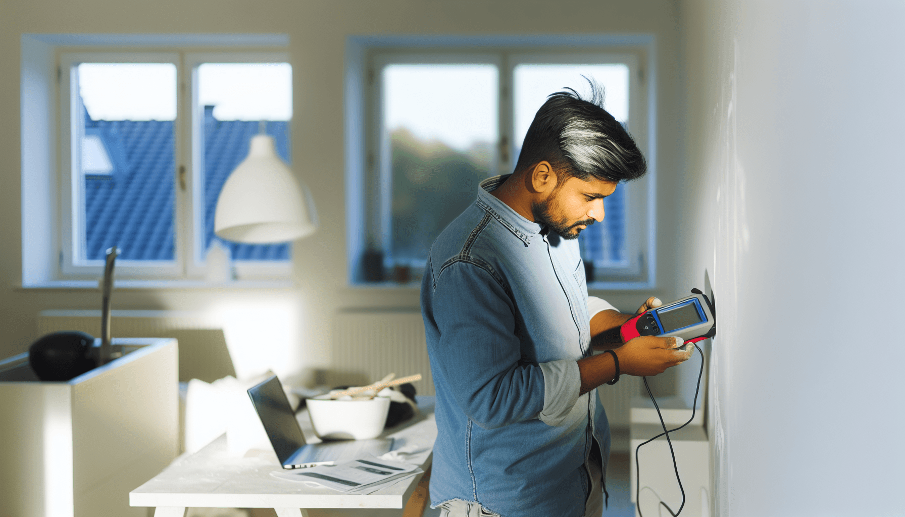 Håndværker måler fugt i væg