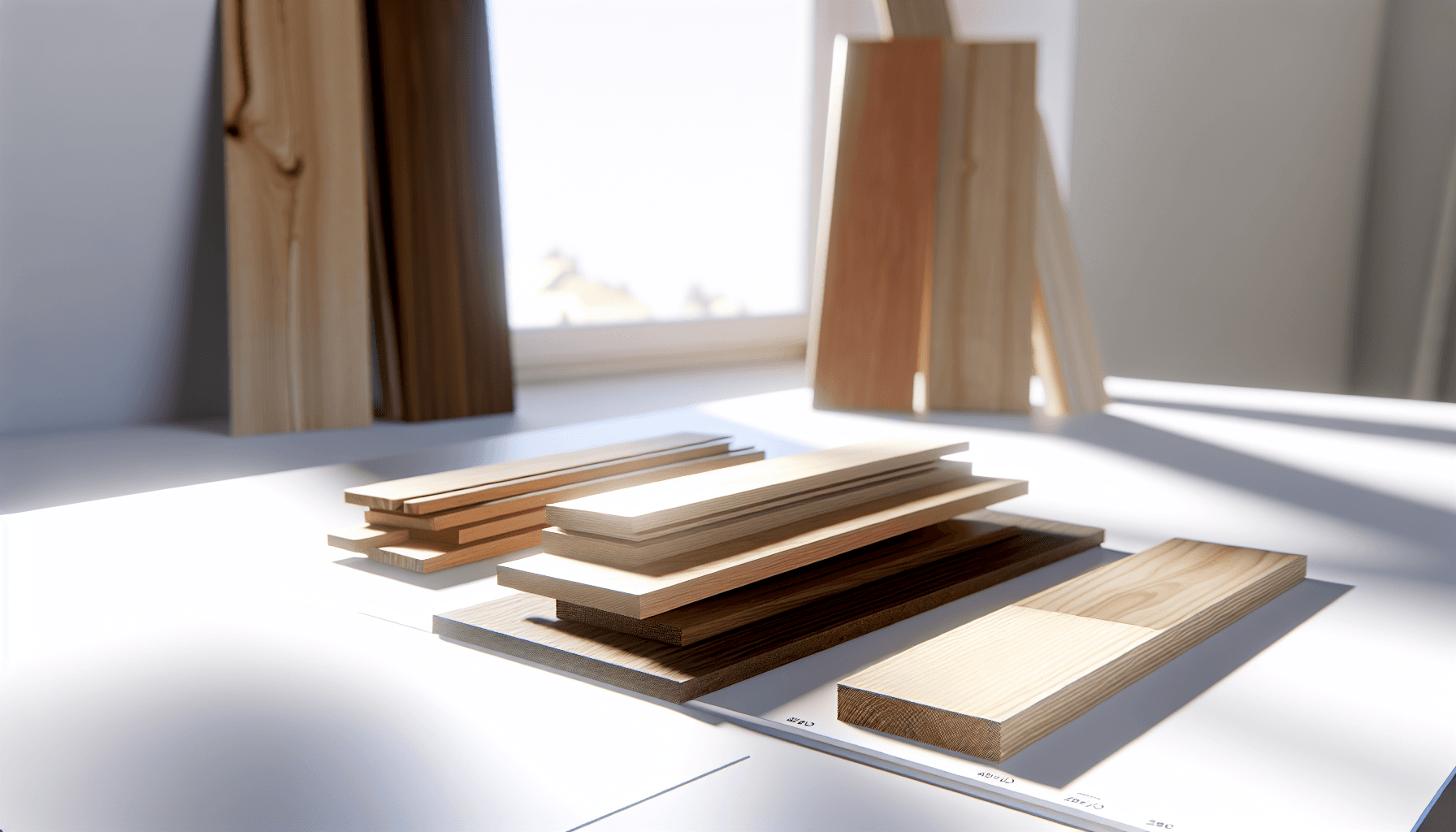 Forskellige træprøver med prisskilte