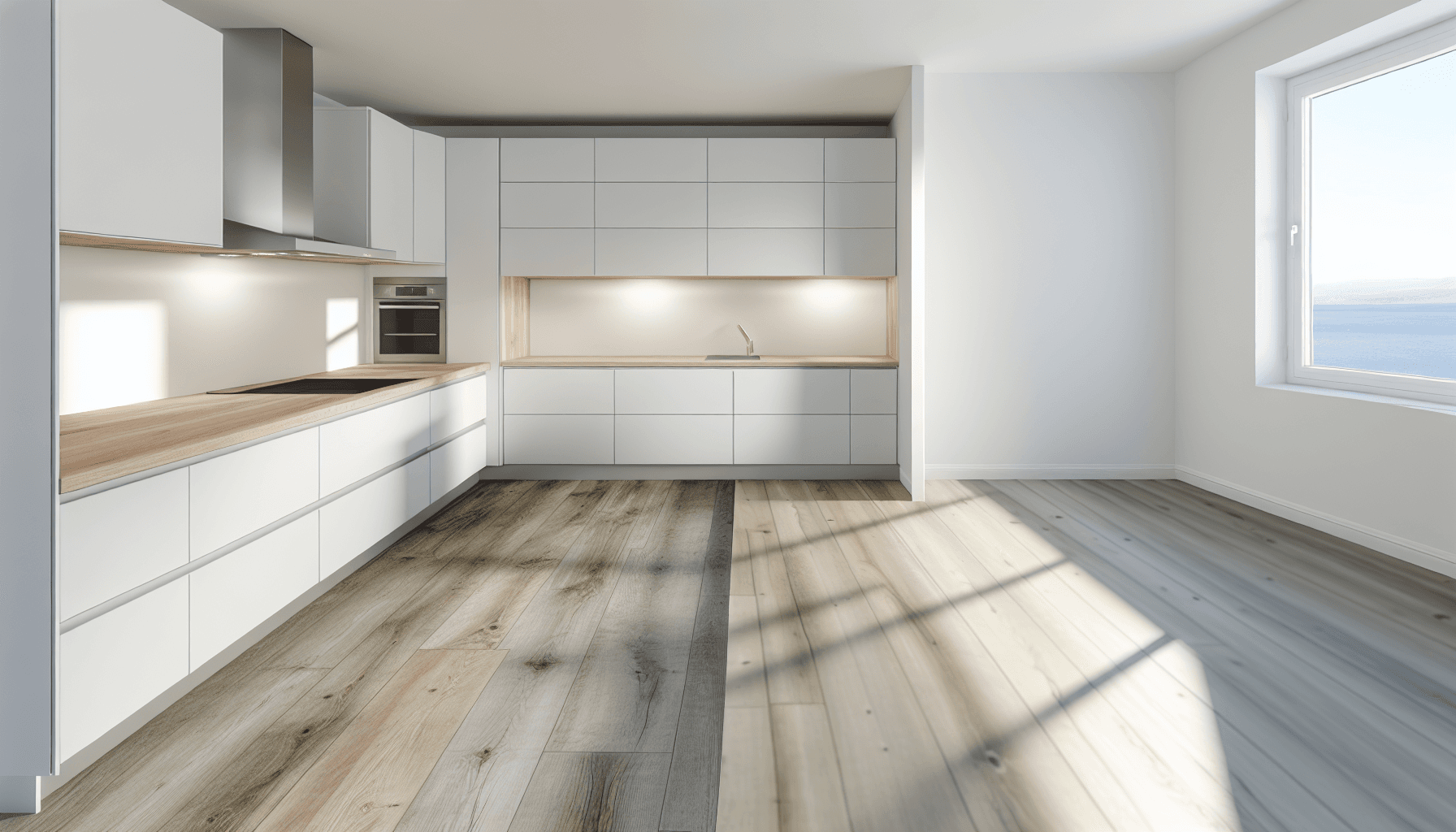 Moderne køkken med vinylgulv der ligner træ