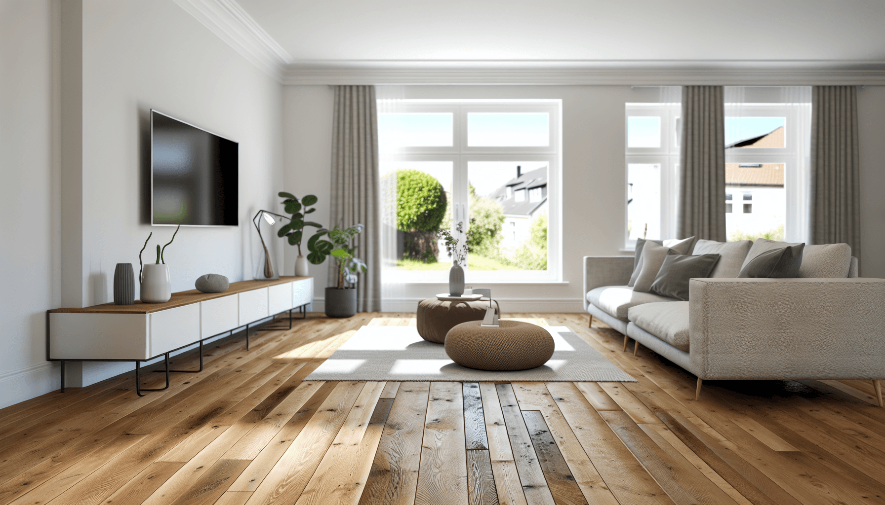 Færdigt renoveret stue med nyt parketgulv