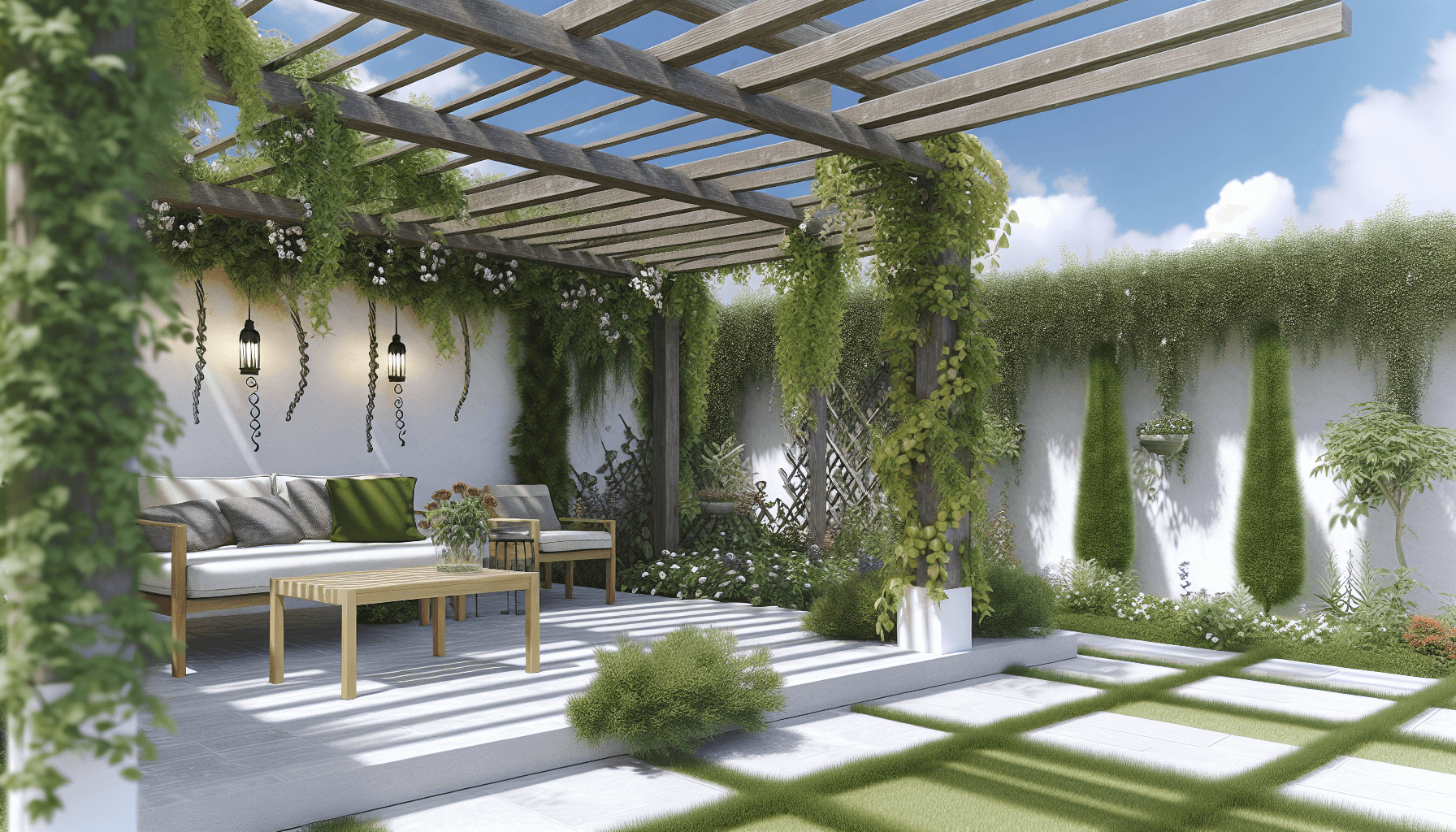 Pergola med ranker og planter i dansk have