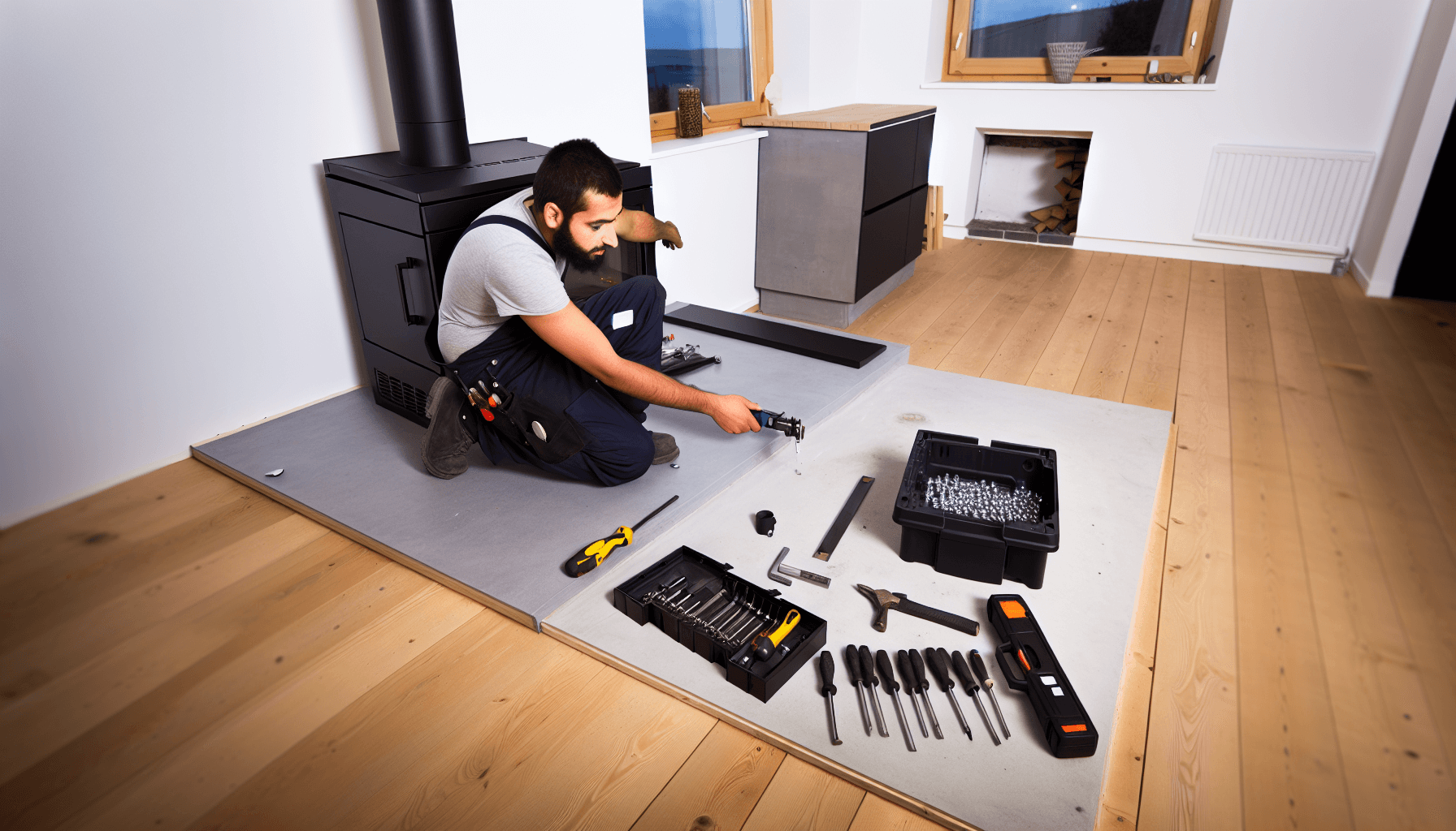 Håndværker installerer pillefyr med professionelt værktøj