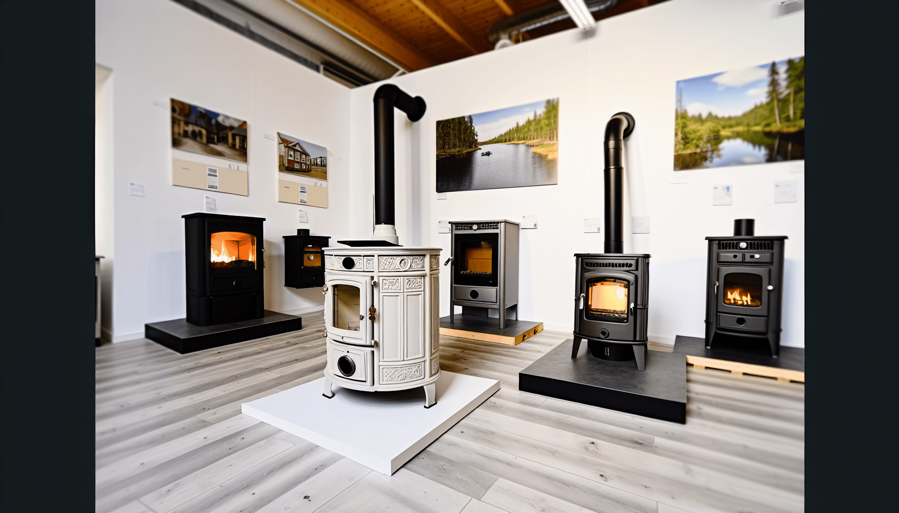 Sammenligning af tre forskellige pillefyr-typer i moderne showroom