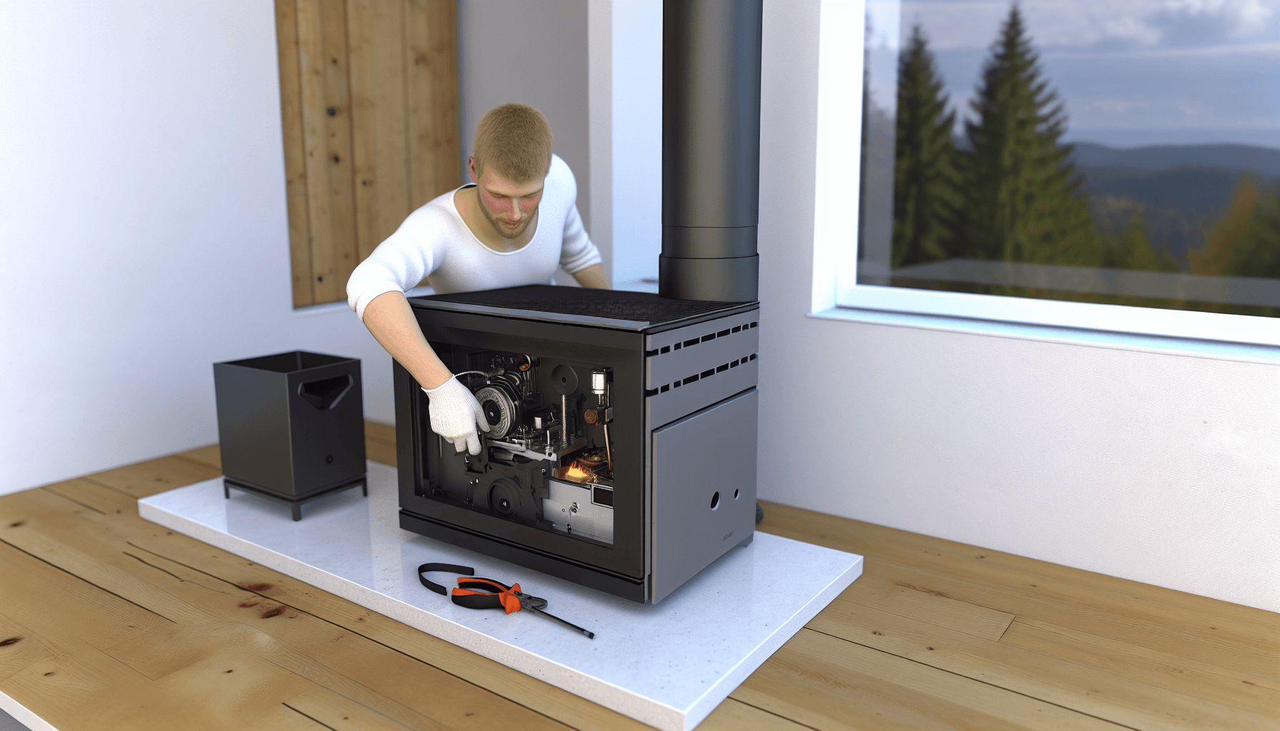 Vedligeholdelse af pillefyr med fagmand der renser fyrmekanisme