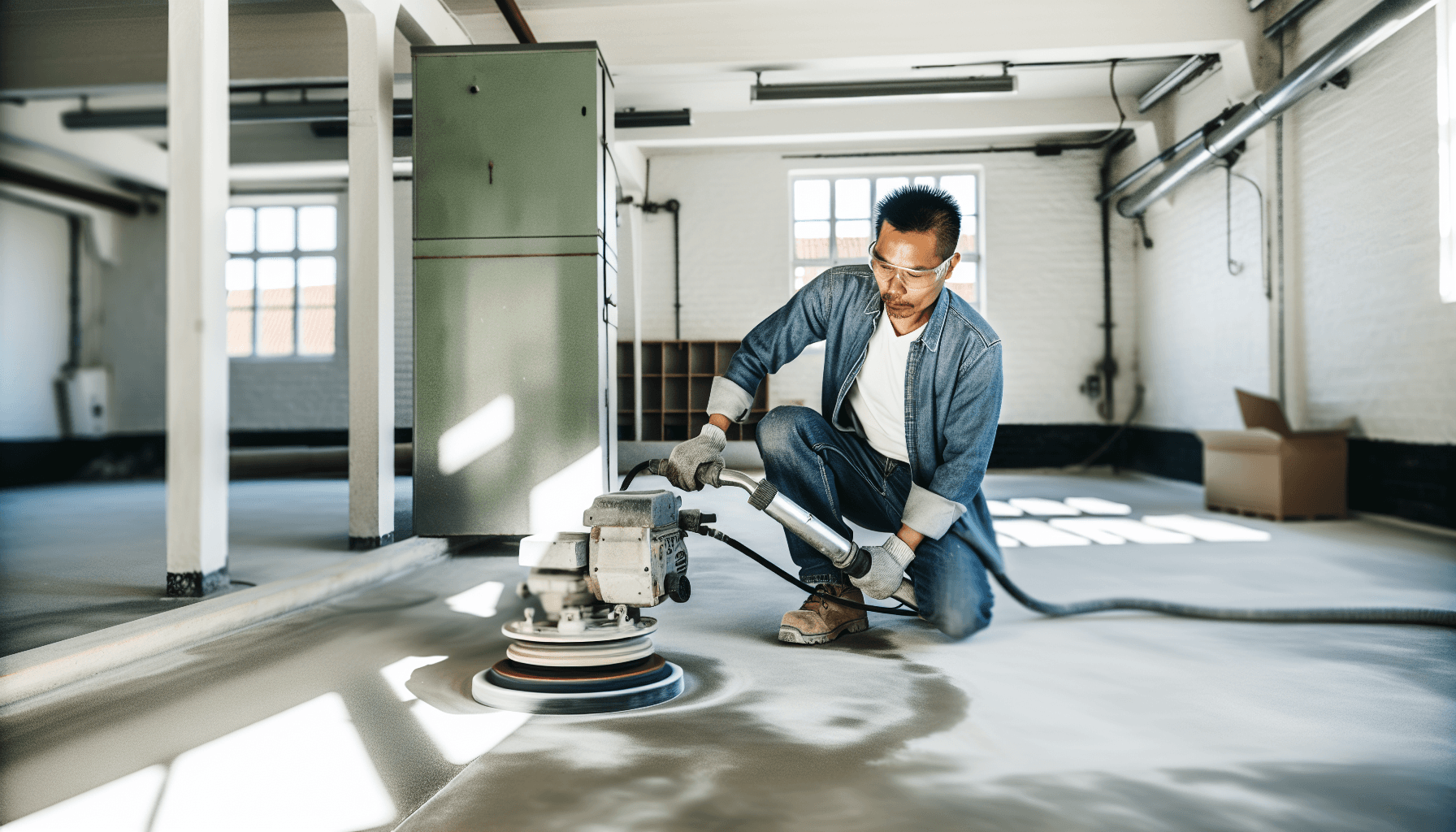 Håndværker polerer betongulv med professionelt udstyr