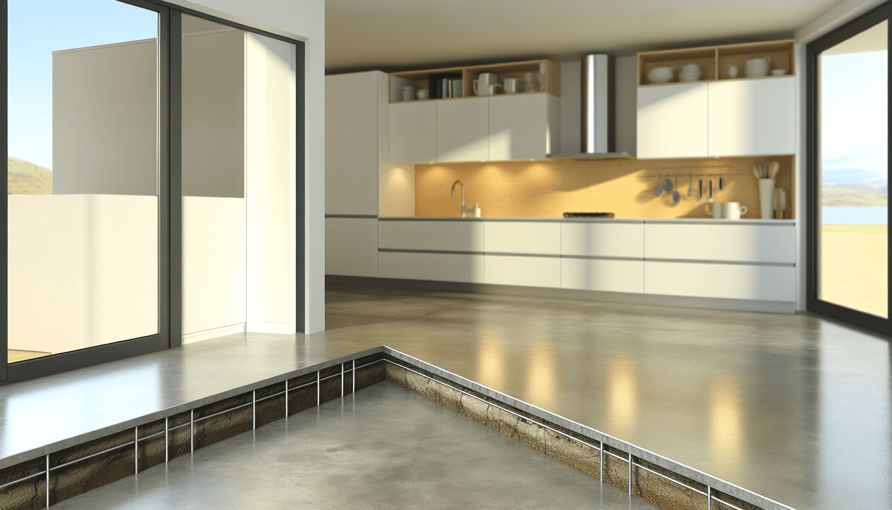 Moderne køkken med poleret betongulv og gulvvarme