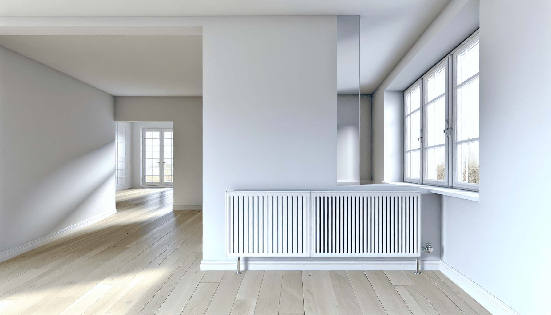 Moderne hvid radiator monteret på væg i stilrent hjem