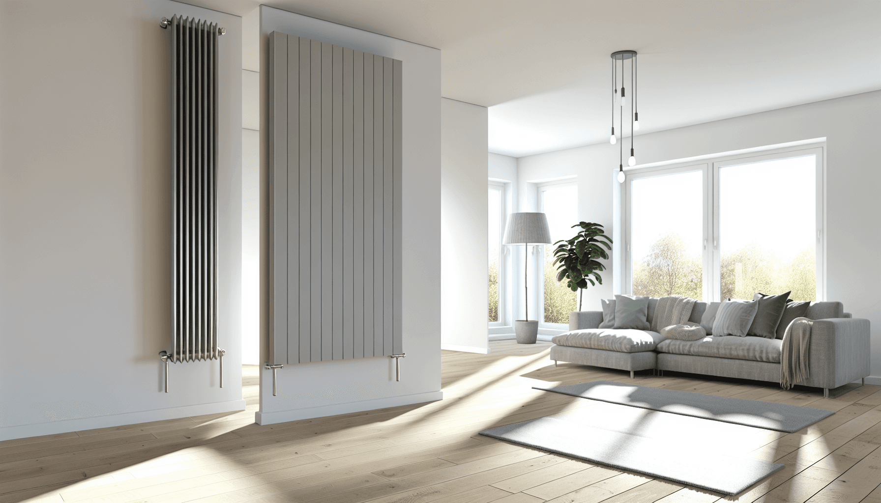 Håndværker måler radiator i dansk hjem med målebånd