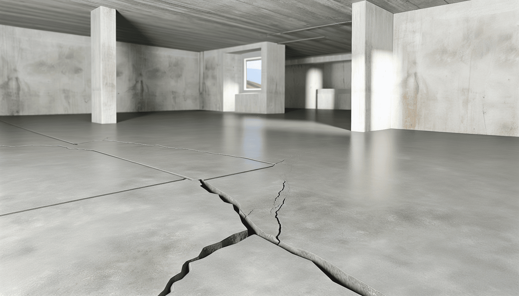 Tæt-på billede af kældergulv med sprækker hvor radon trænger ind