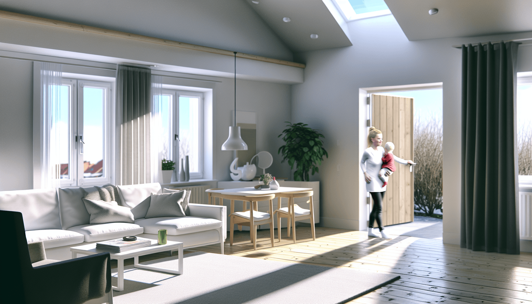 Familie i dansk stue der får frisk luft gennem åbent vindue