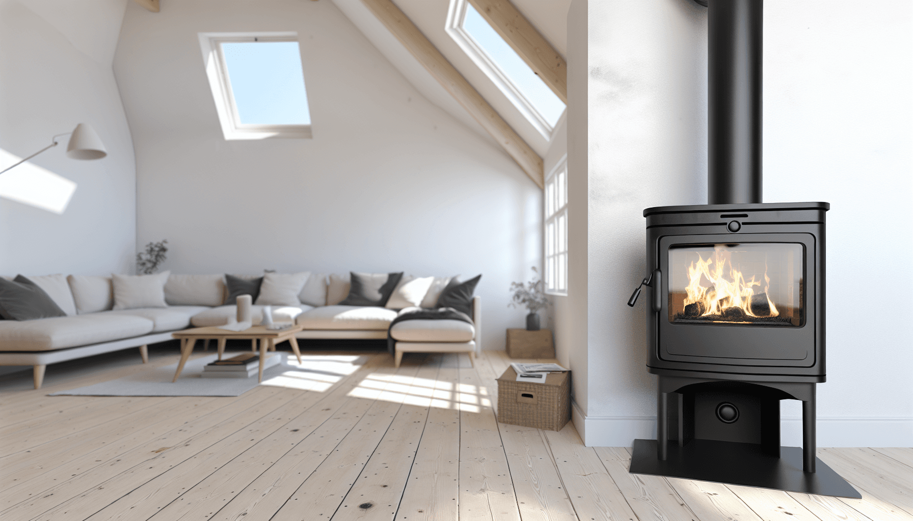 Moderne brændeovn i dansk stue med korrekt installation