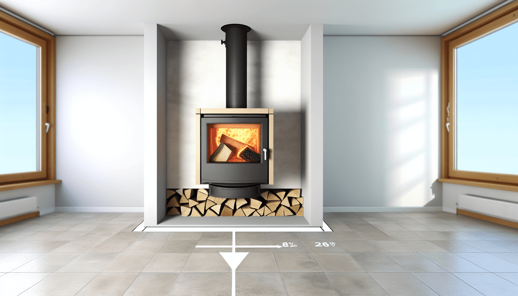 Teknisk tegning af korrekte afstande omkring brændeovn