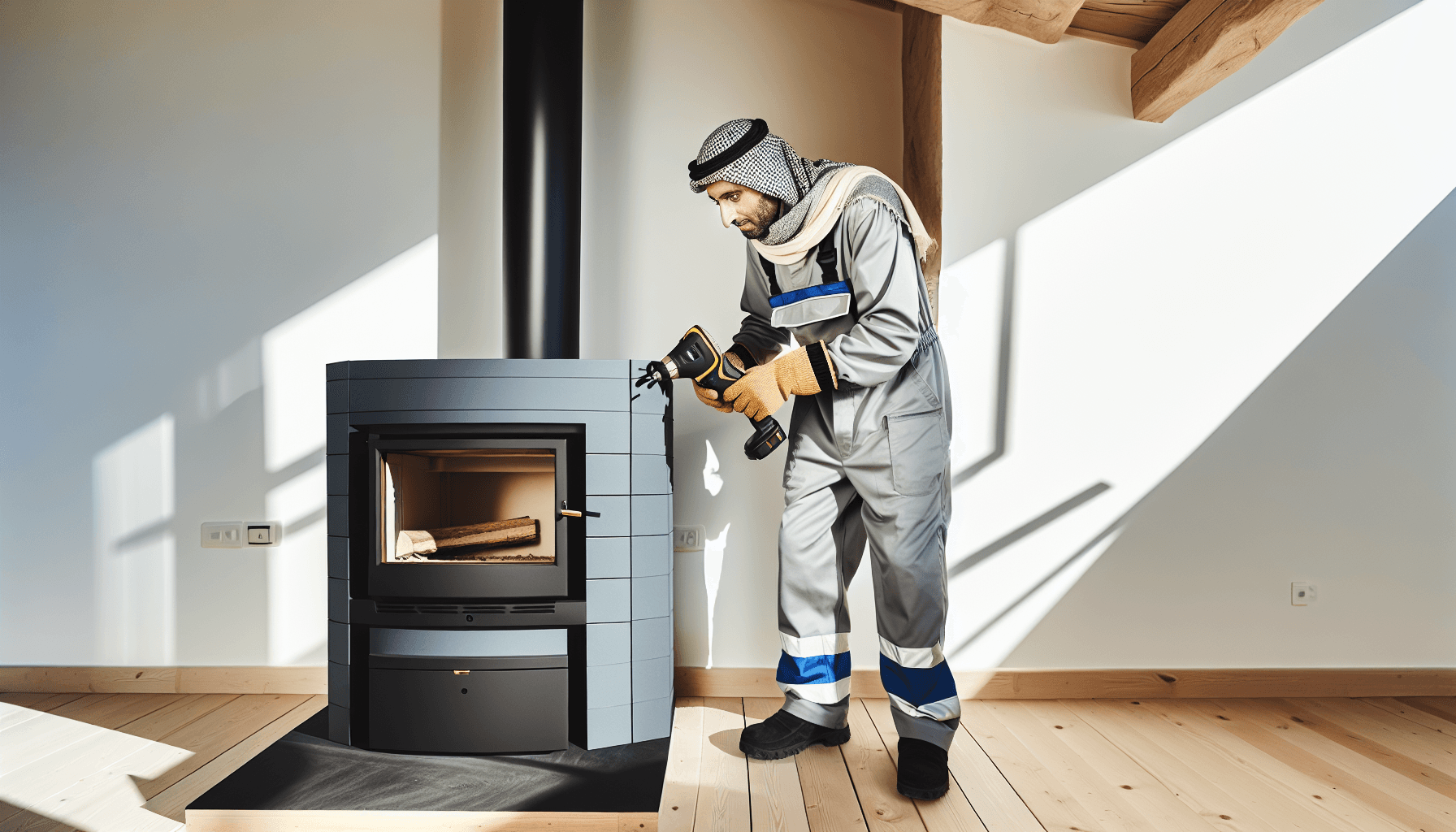 Skorstensfejer kontrollerer brændeovn installation