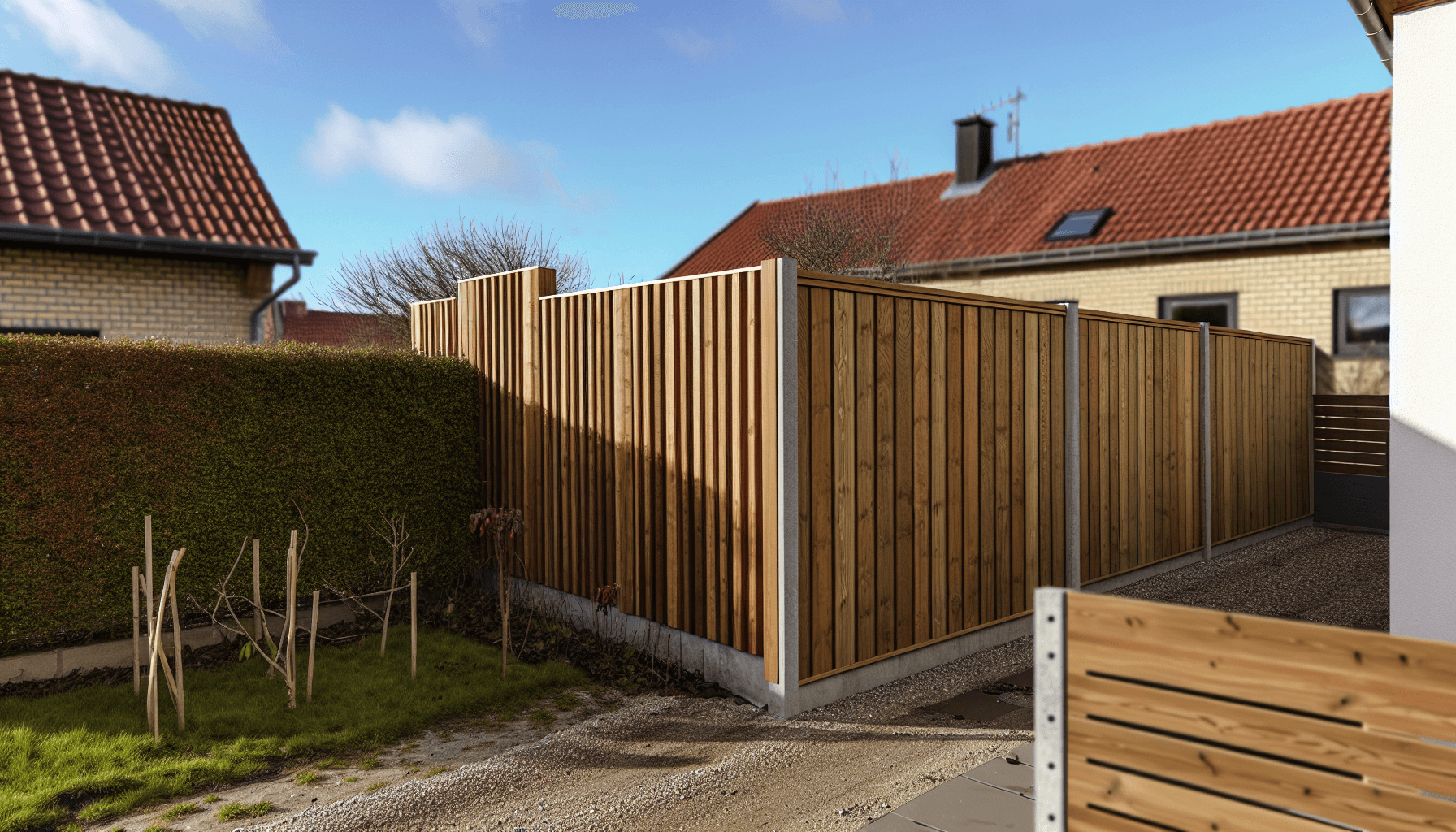 Moderne træhegn mellem to haver med korrekt højde og placering