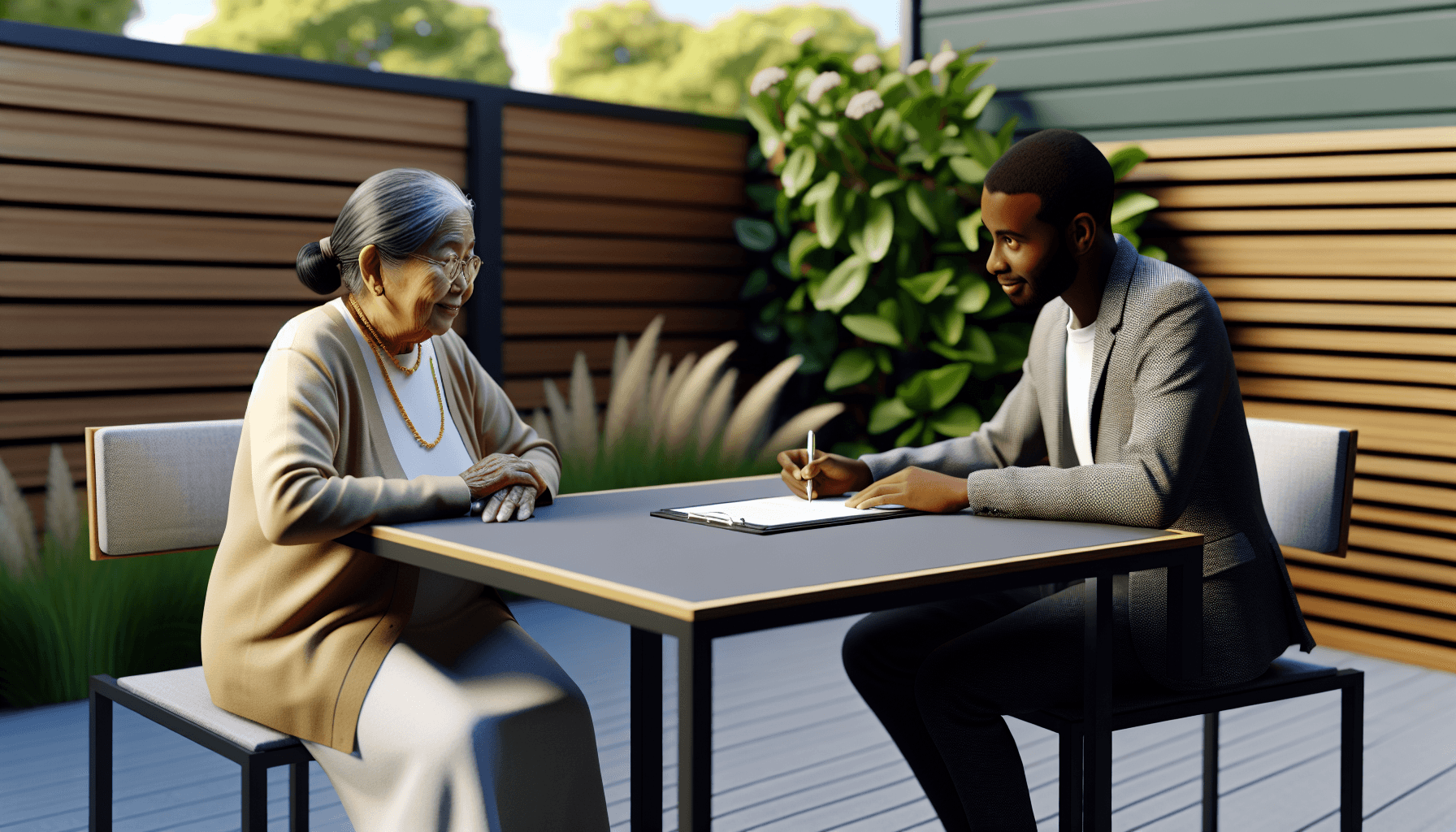 To naboer der underskriver hegnsaftale ved et bord i haven