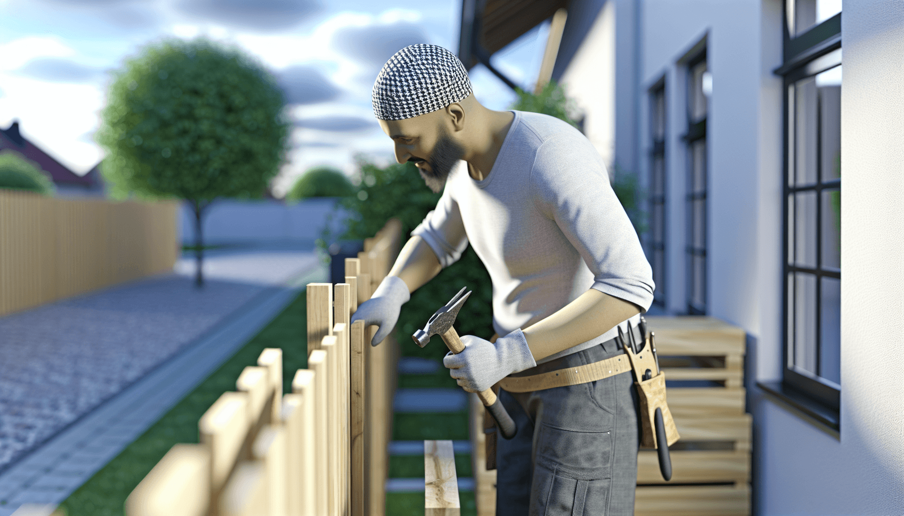 Håndværker der installerer træhegn med værktøj og materialer