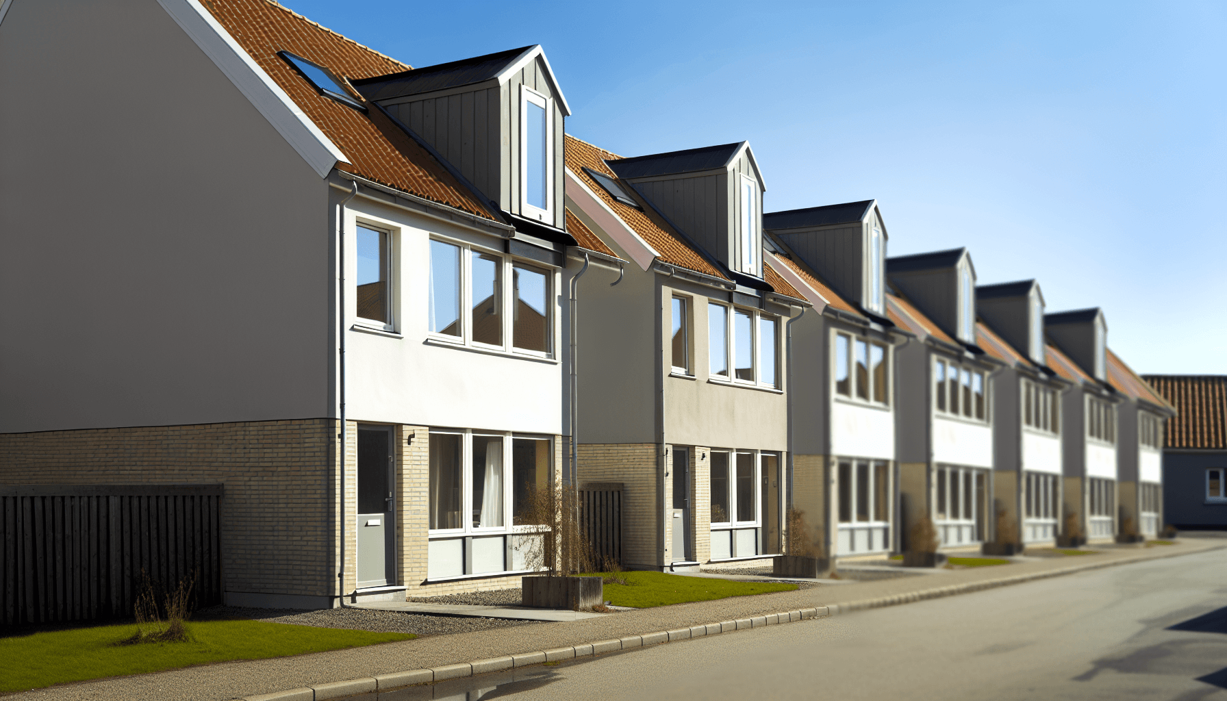 Rækkehus der viser sammenbygget konstruktion