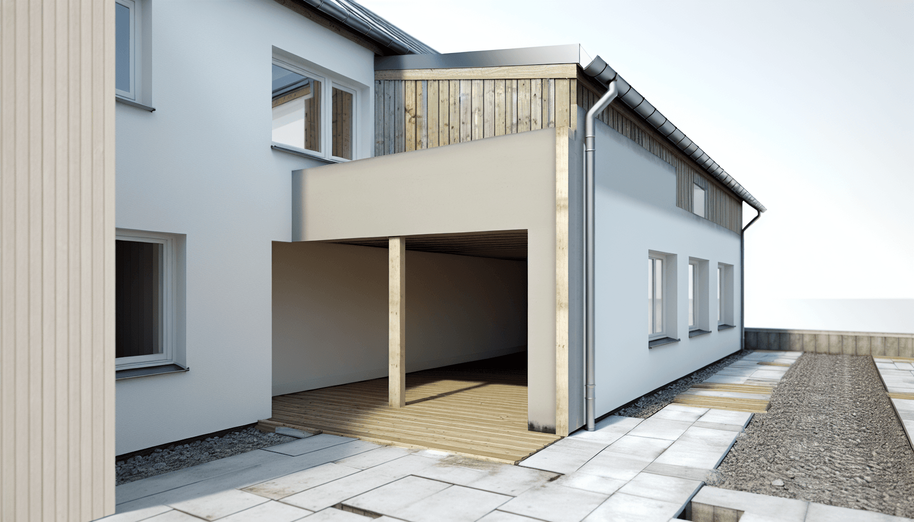 Detaljeret tegning af tilbygning med mål og tekniske specifikationer