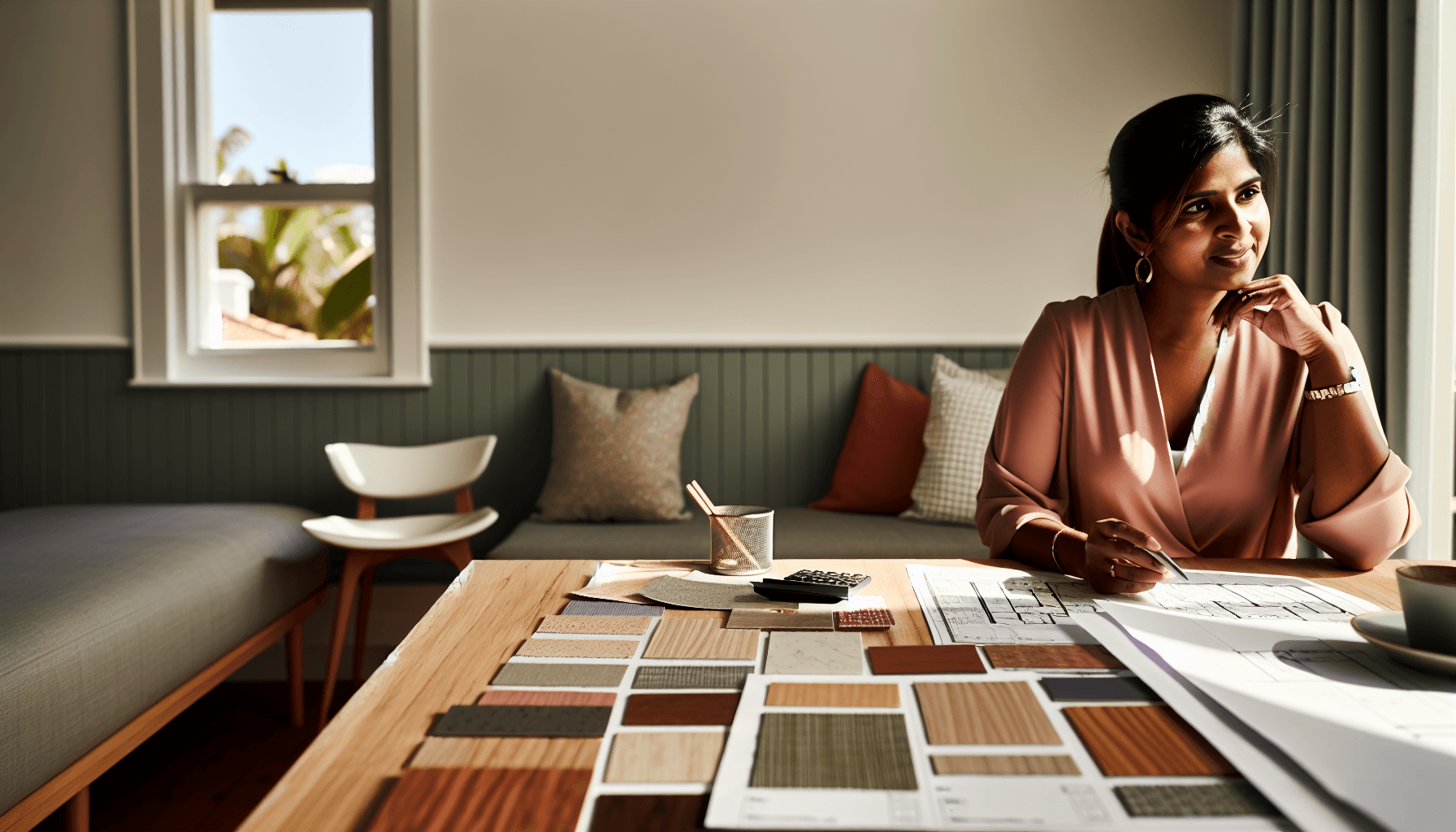 Person der planlægger sommerhusrenovering med tegninger og prøver