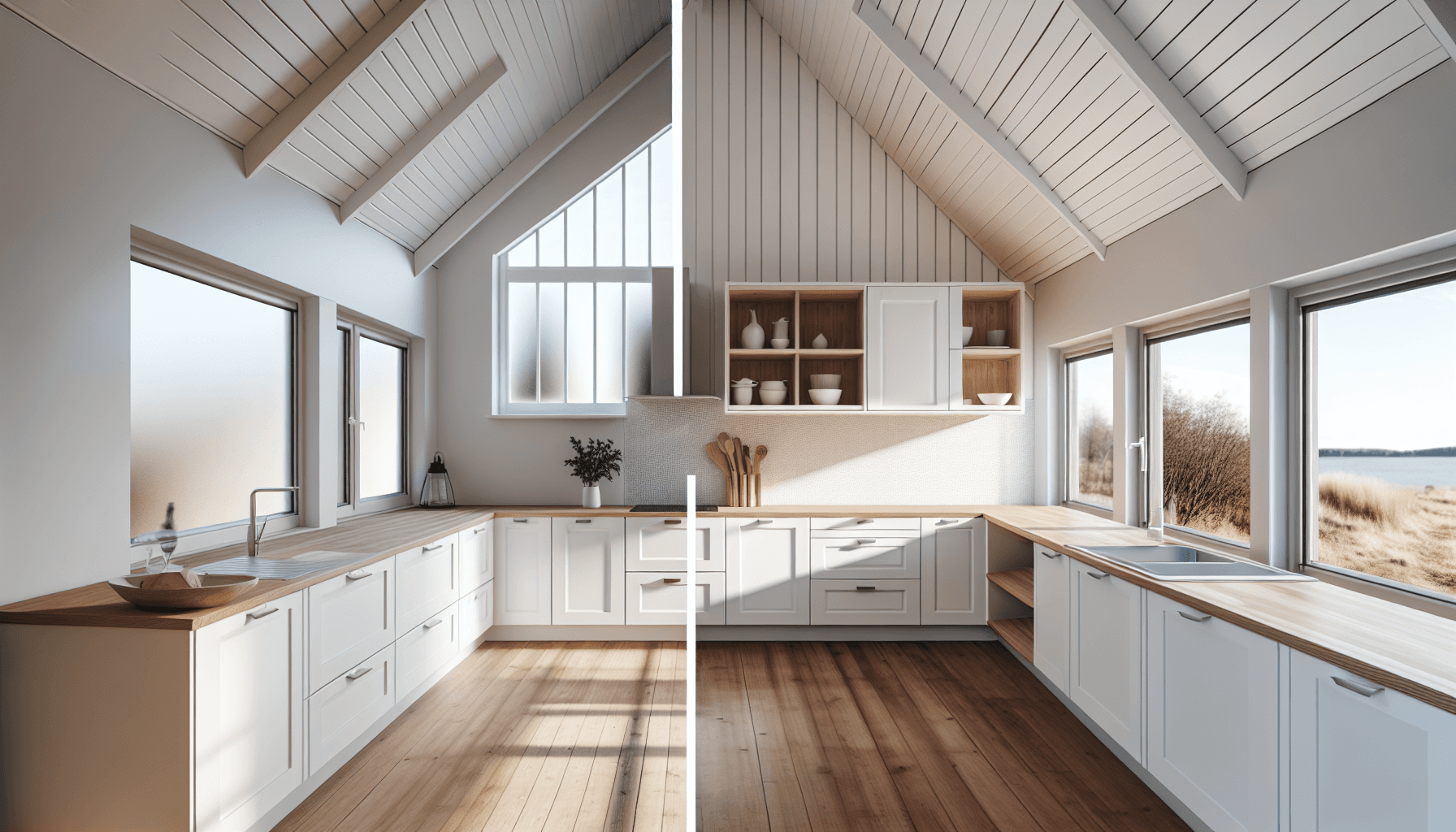 Moderne sommerhuskøkken efter renovering med lyse farver