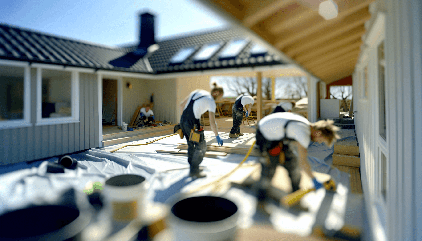 Professionelle håndværkere der arbejder på sommerhusrenovering