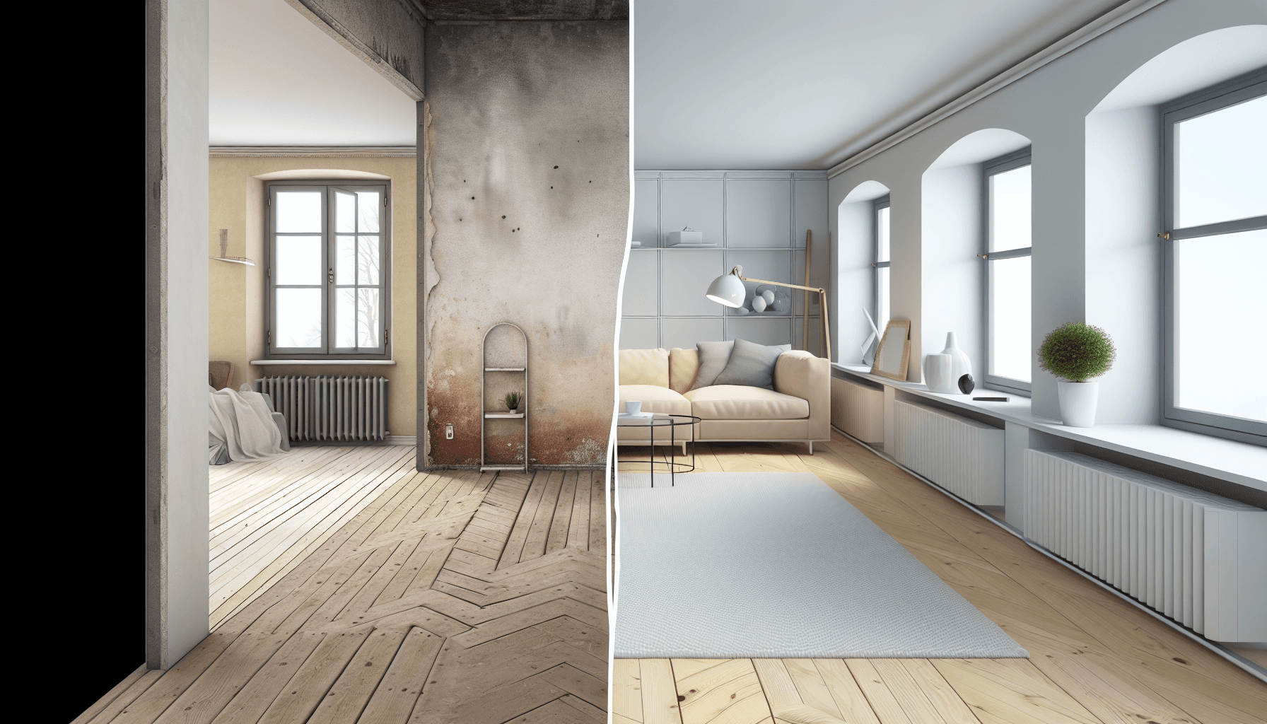 Færdigrenoveret stue med før-efter sammenligning