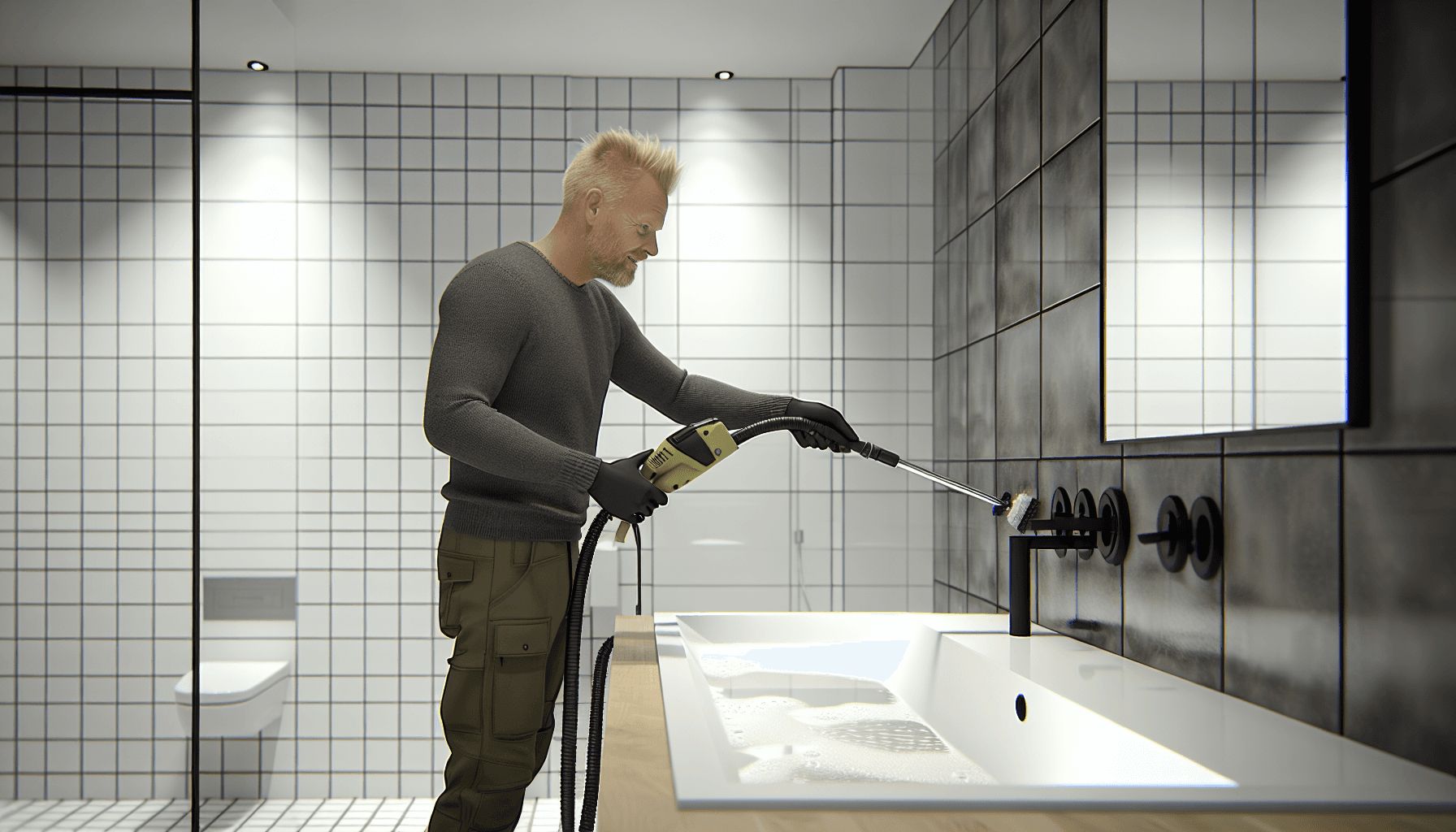 Professionel håndværker renser fliser i moderne badeværelse