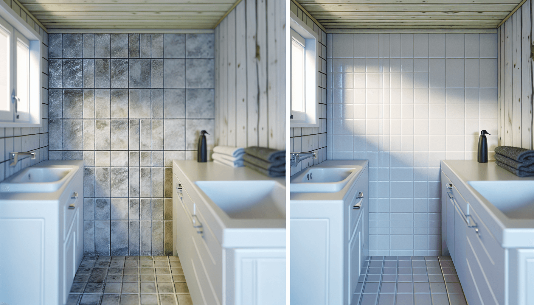 Før og efter billede af fliserensning med kemiske produkter