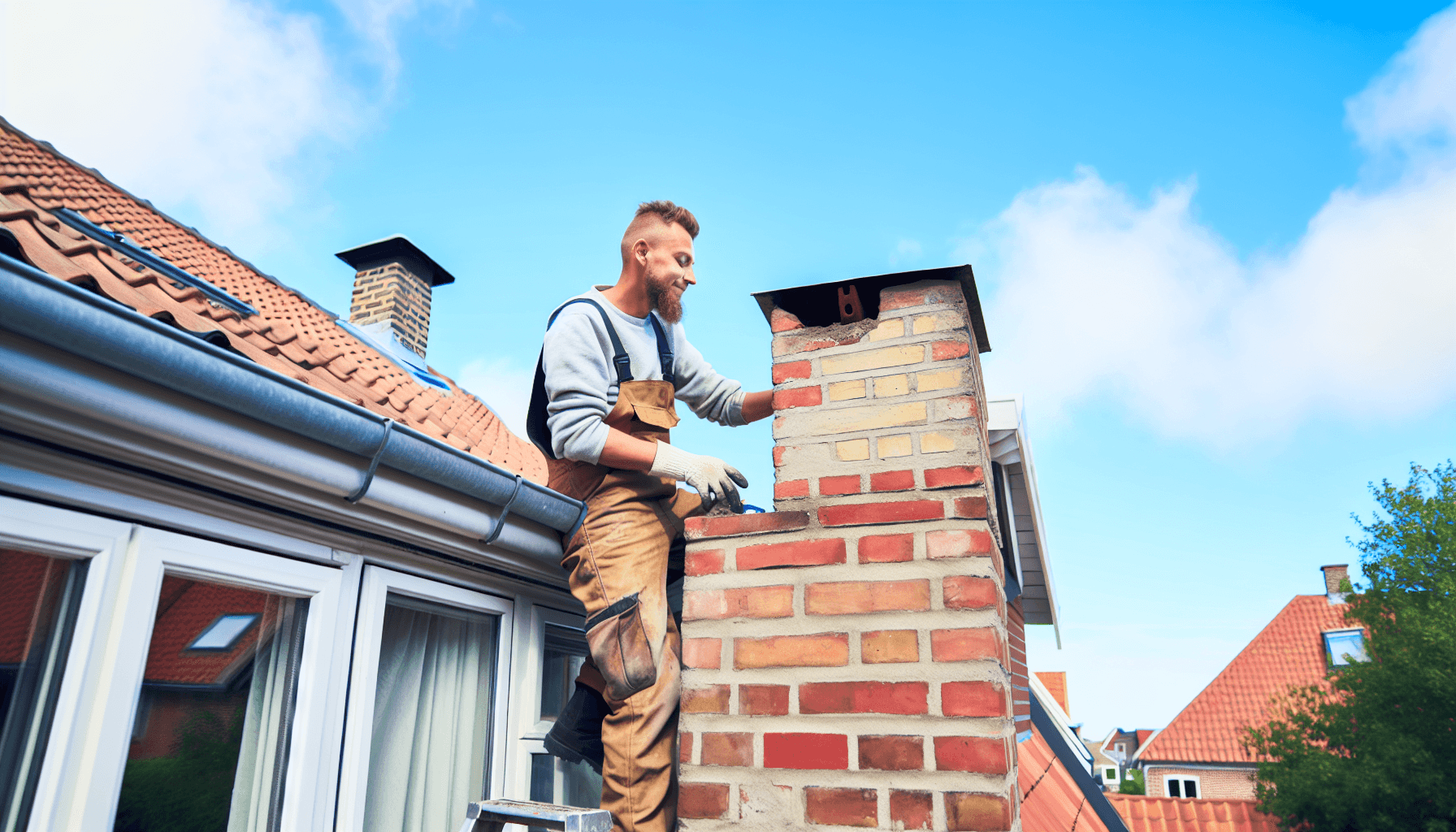 Dansk skorsten under reparation med håndværker