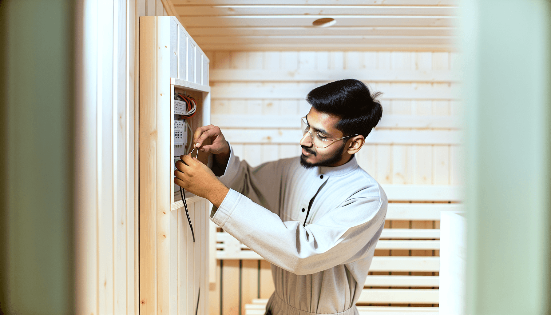Håndværker installerer sauna med elektriske komponenter