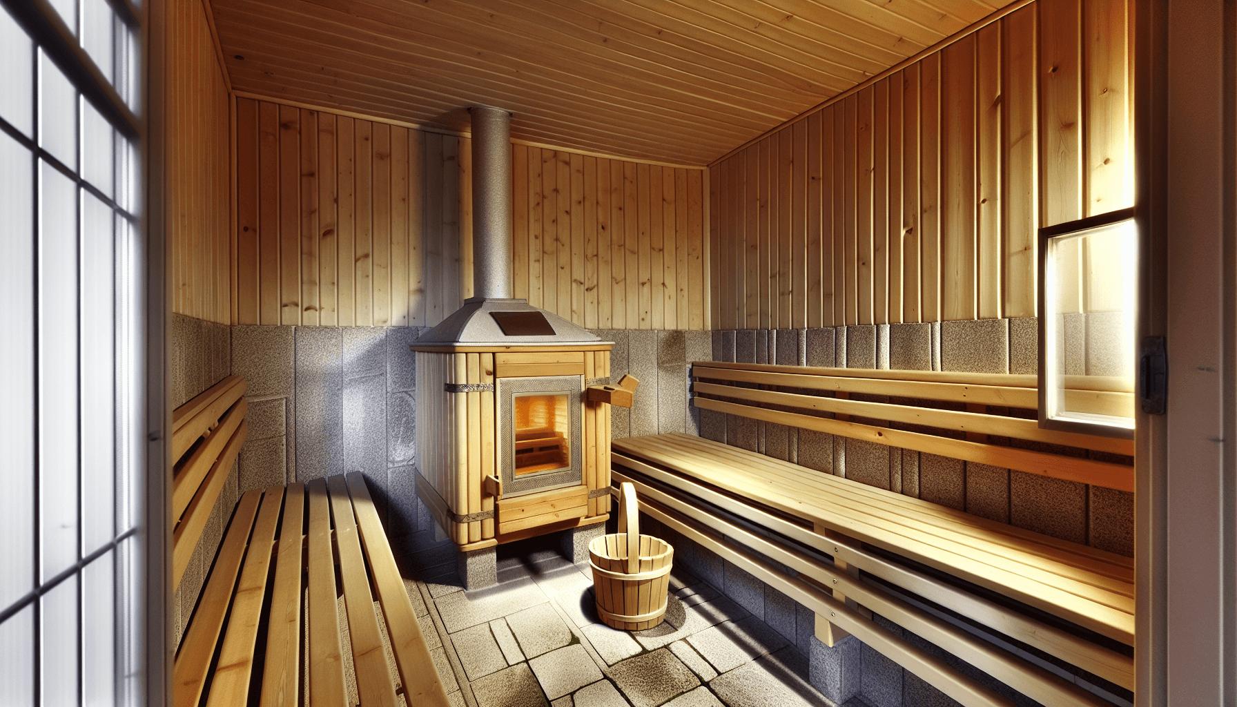 Traditionel finsk sauna med træbænke og stenovn