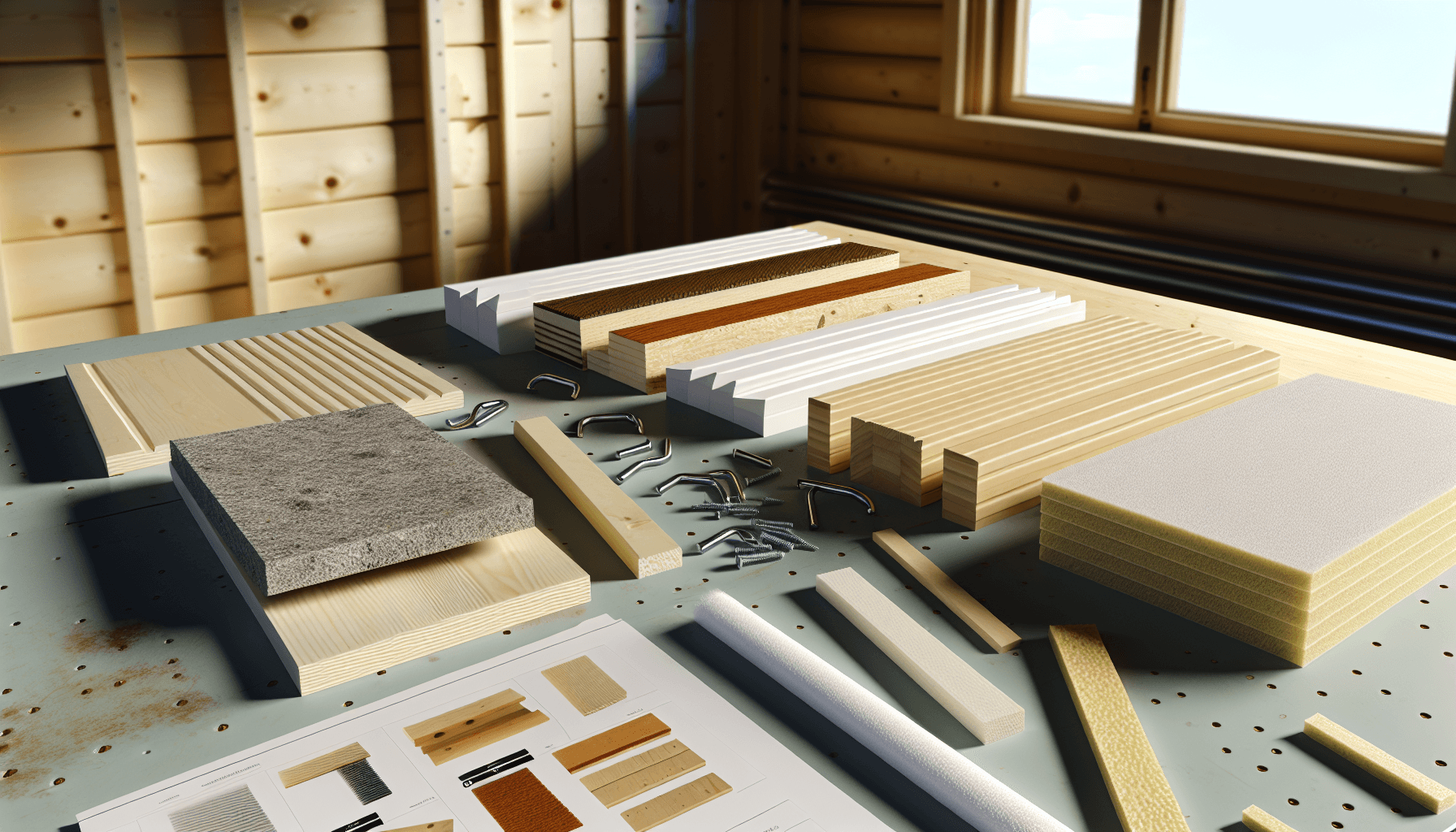 Forskellige saunamaterialer lagt ud til sammenligning