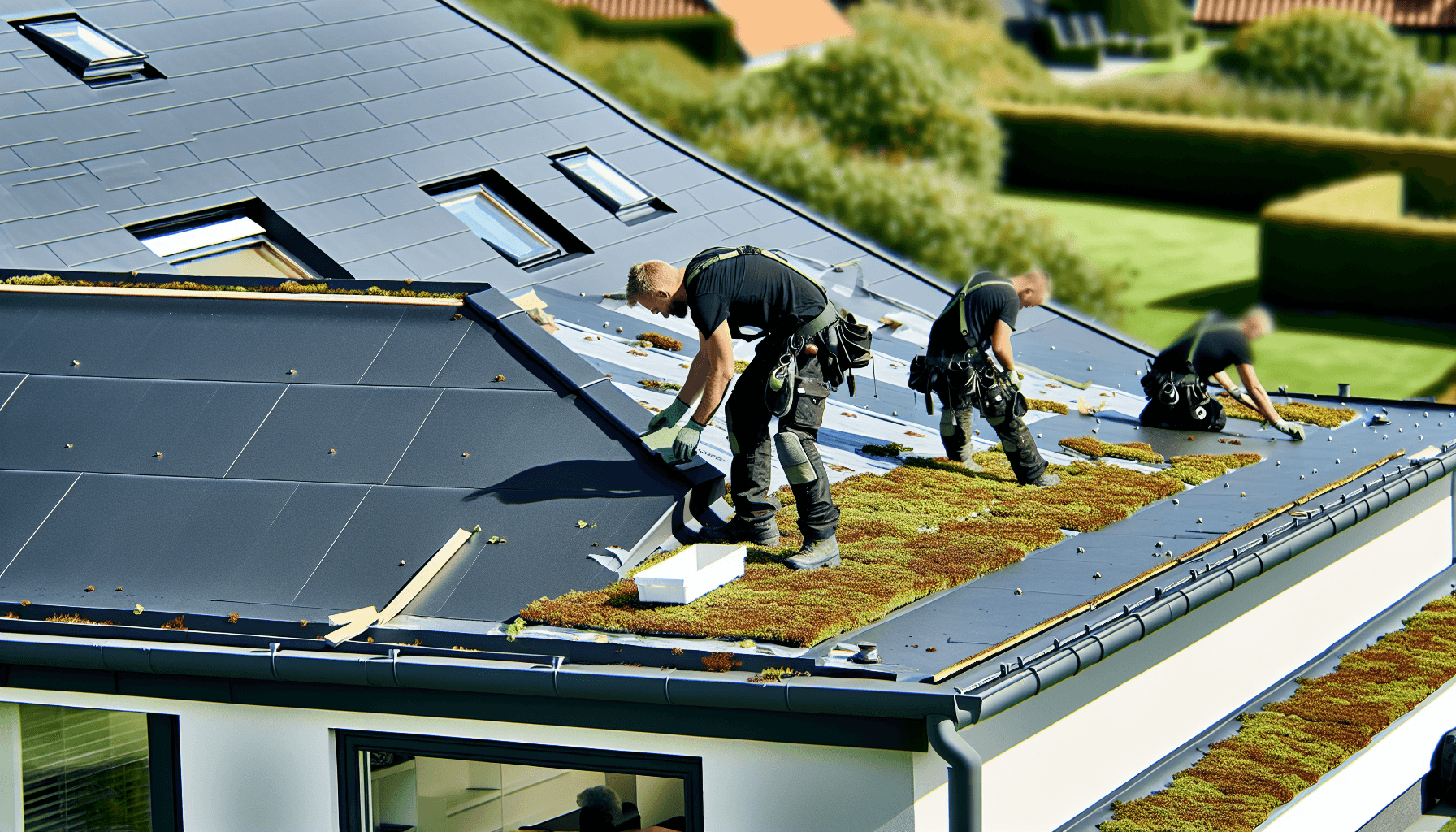 Håndværkere installerer sedum tag på dansk villa