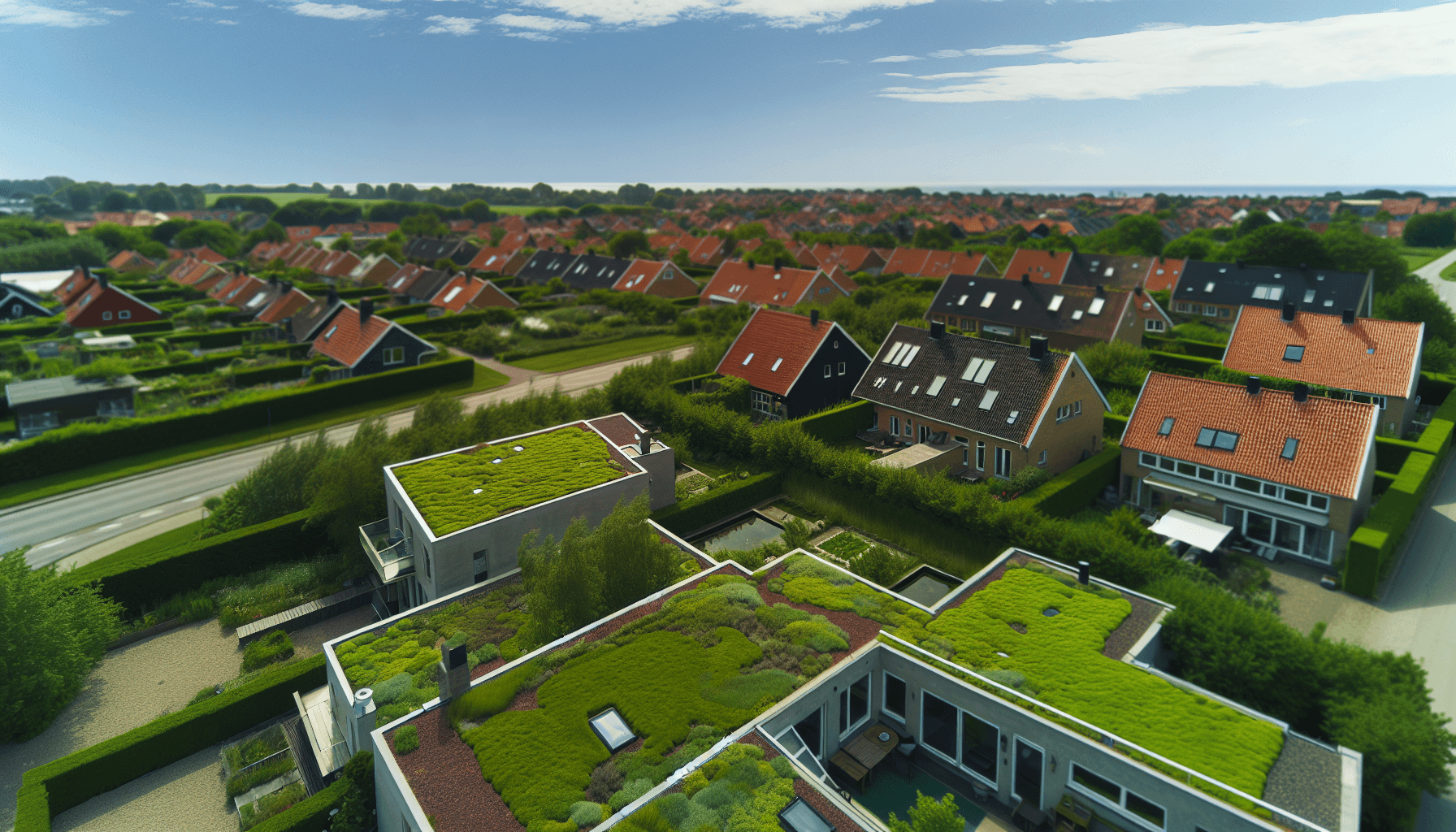 Smuk udsigt over dansk by med flere sedum tage