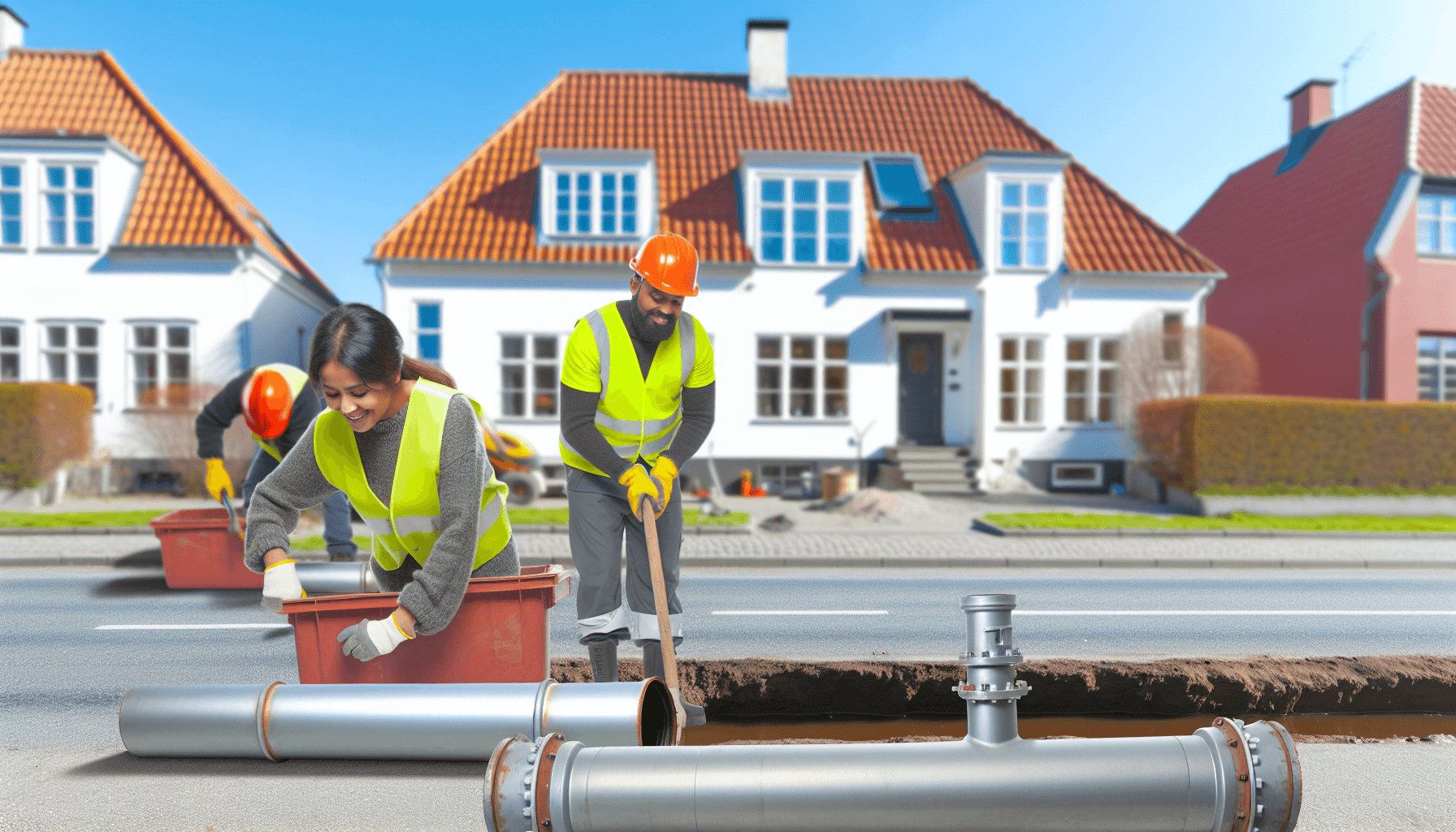 Dansk villa med kloakeringsarbejde i gang på indkørslen