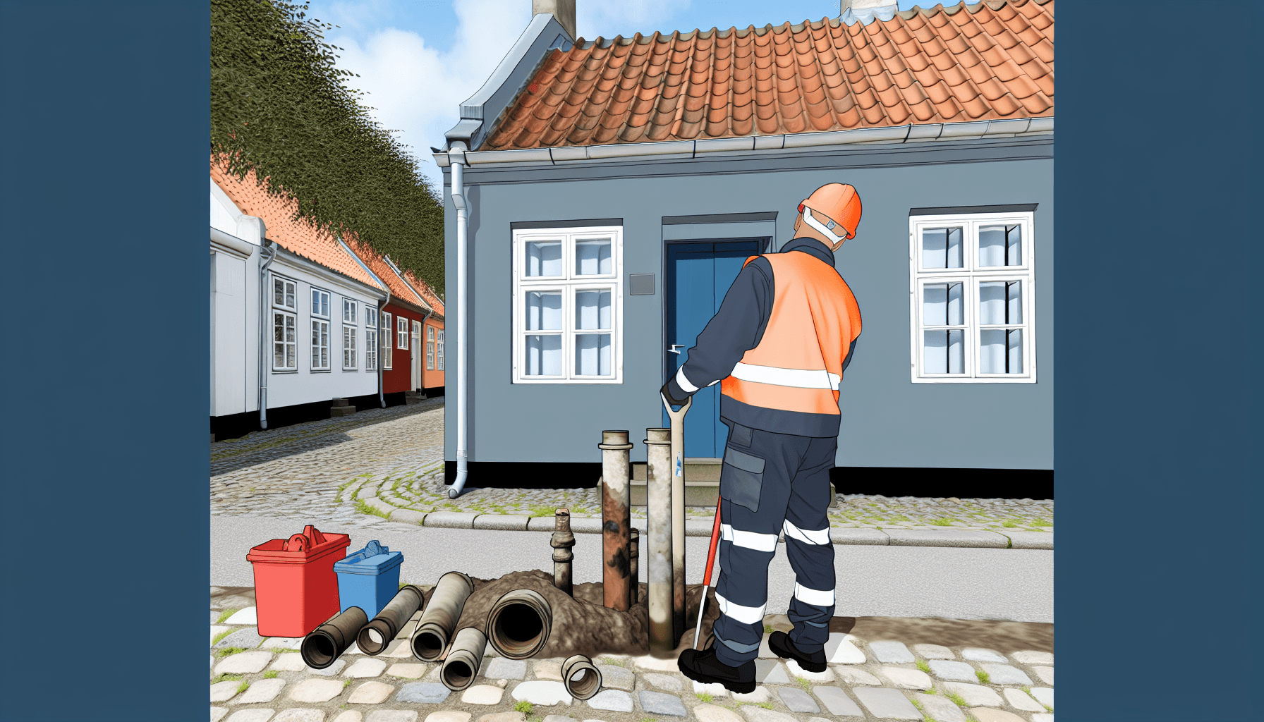 Håndværker der graver rør op i dansk villakvarter