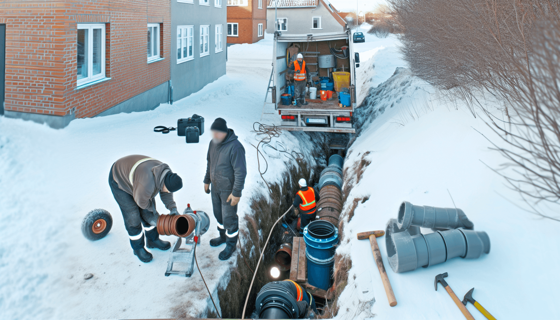 Kloakeringsarbejde i dansk vinterperiode med professionelt udstyr