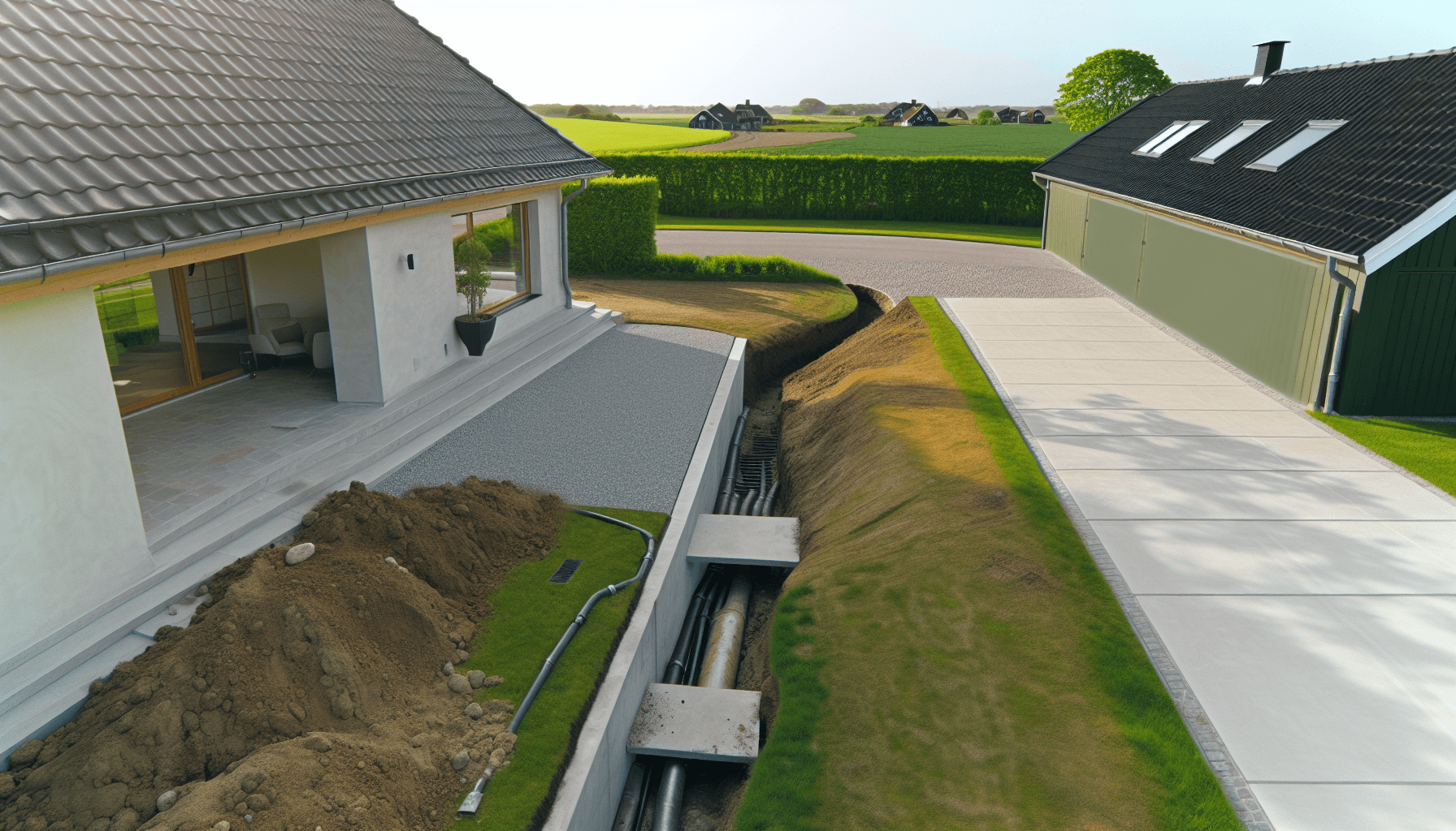 Færdig separatkloakeringsinstallation ved dansk villa med nyt landskab