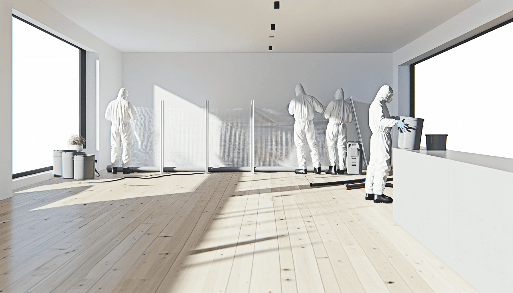 Håndværkere etablerer afskærmning og negativt tryk før skimmelsanering