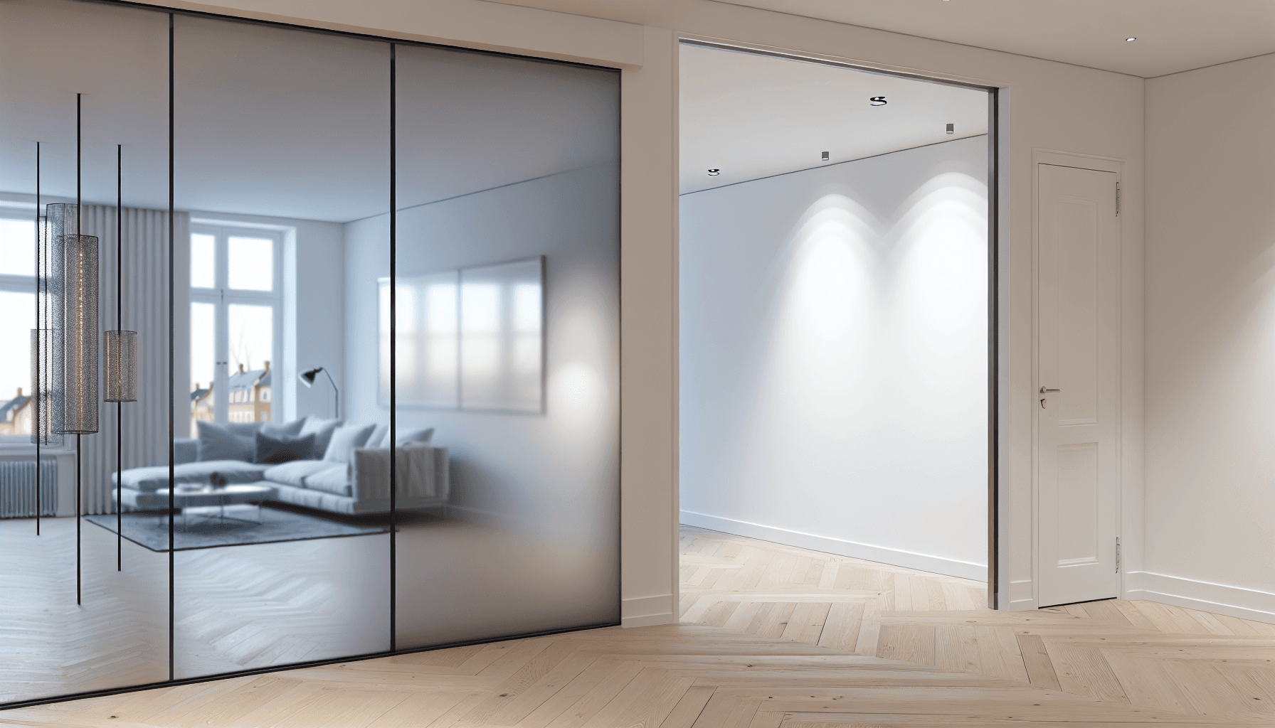 Moderne glasskydedør i dansk stue med Skandinavisk indretning