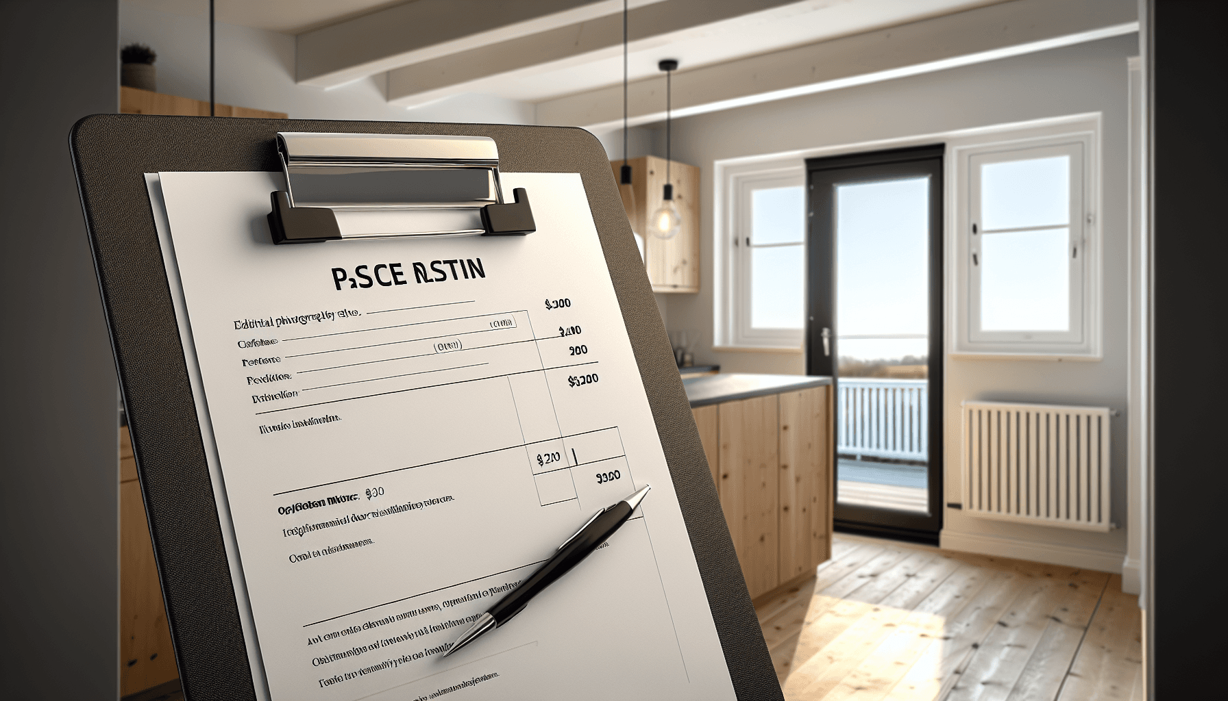 Prisoverslag dokument på håndværkers clipboard med skydedør i baggrunden