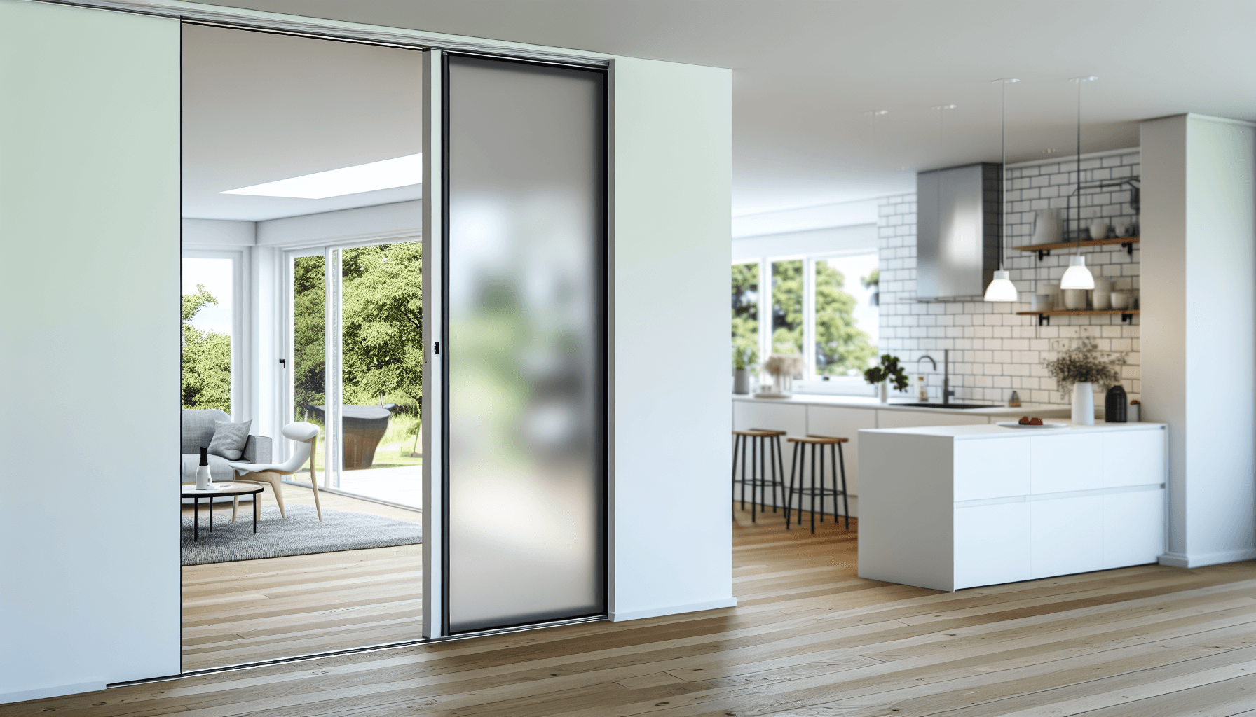 Elegant skydedør der adskiller moderne køkken og stue i dansk hjem