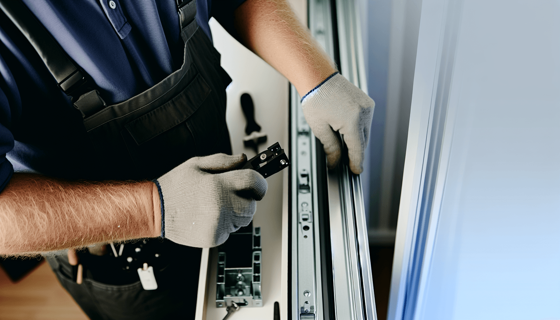 Håndværker udfører vedligeholdelse på skydedør skinner og mekanisme