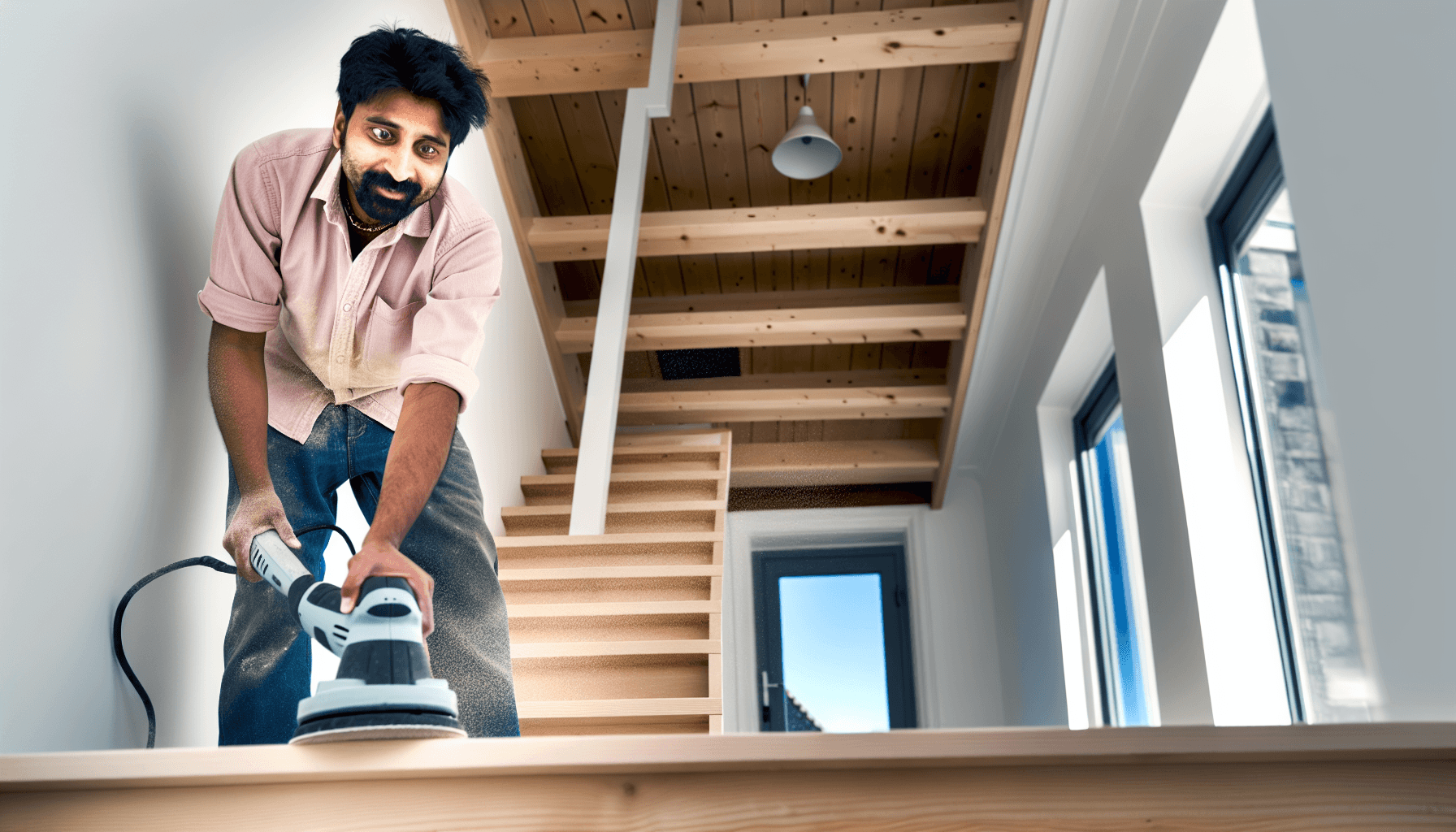 Håndværker sliber trætrappe med professionelt slibeudsyr