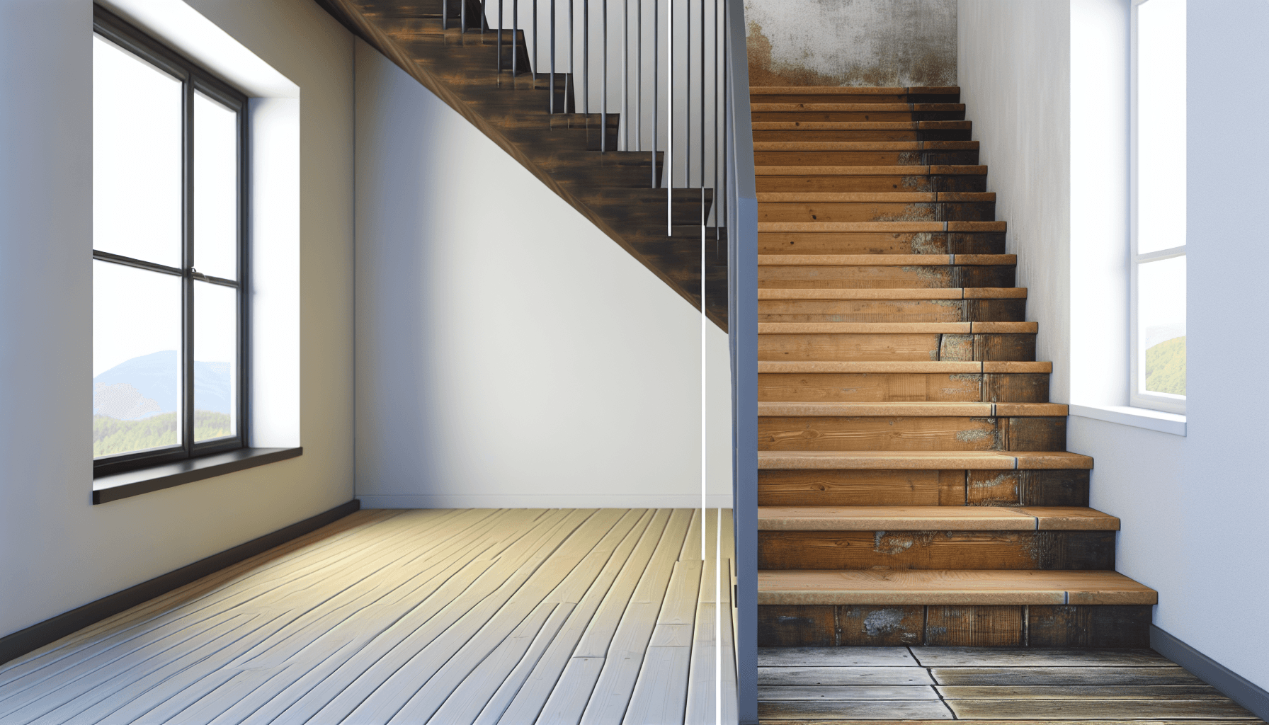 Før og efter billede af slibning af trætrappe