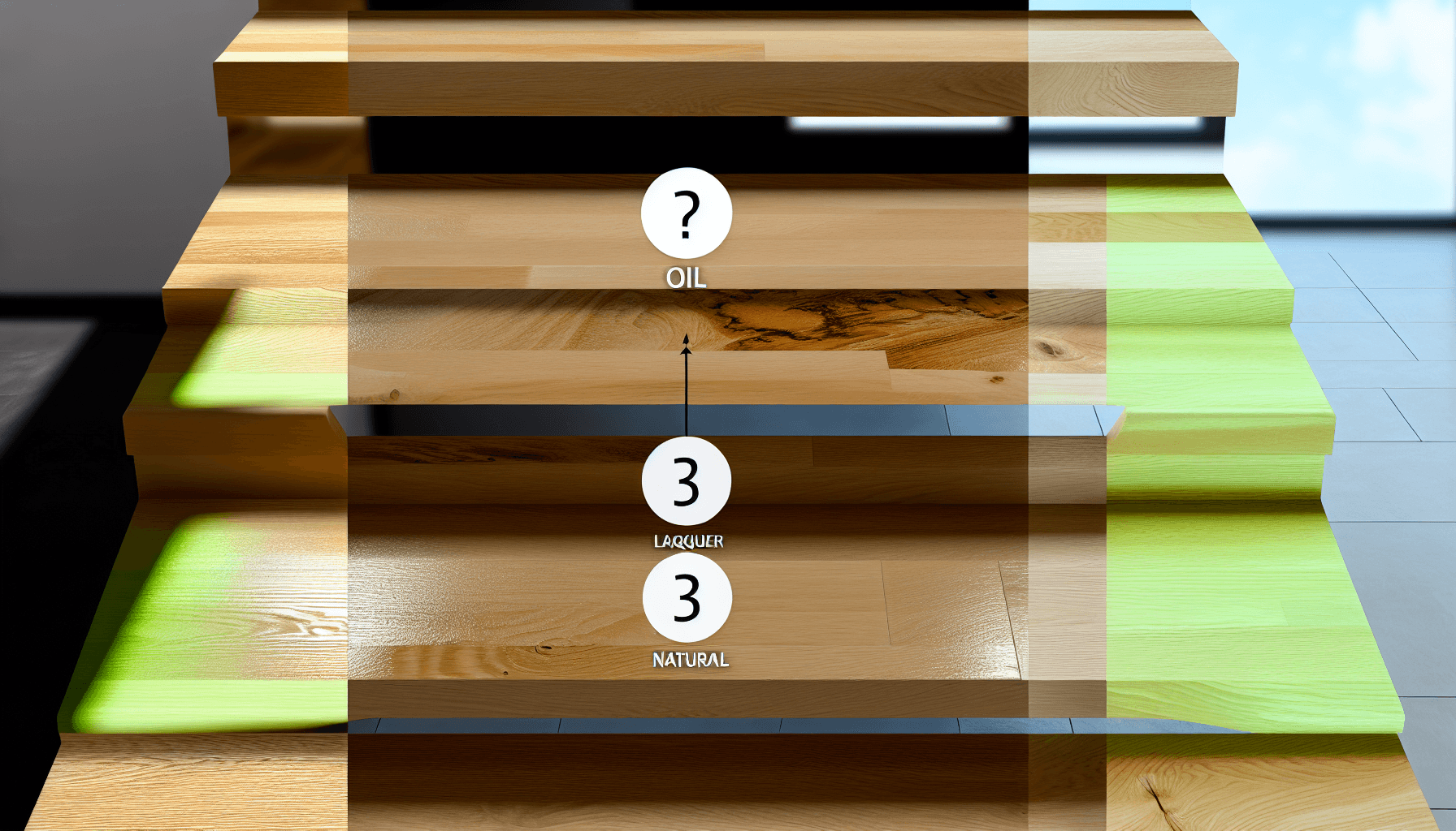 Forskellige overfladebehandlinger på trætrappe