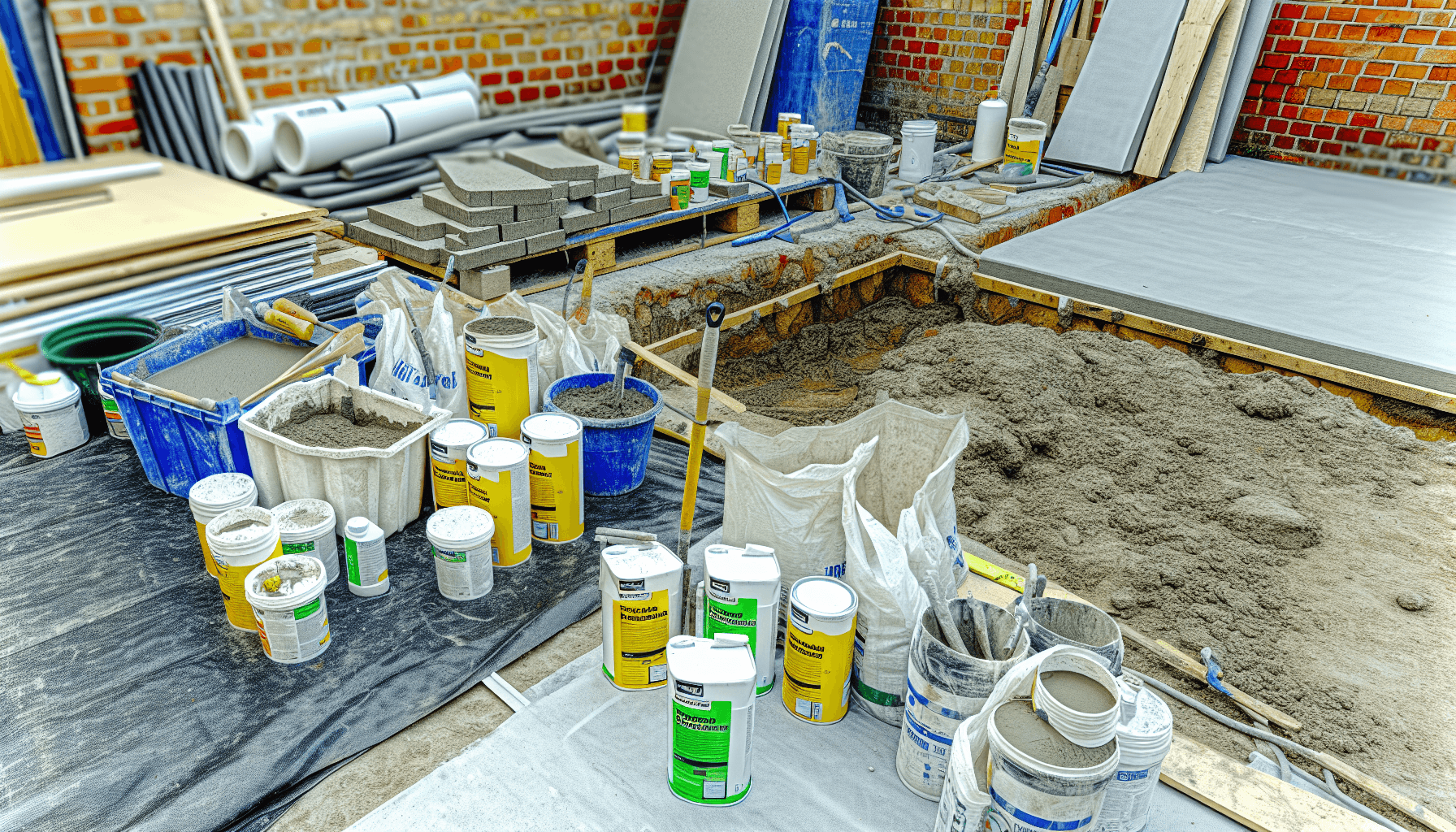 Forskellige sokkelreparationsmaterialer opstillet