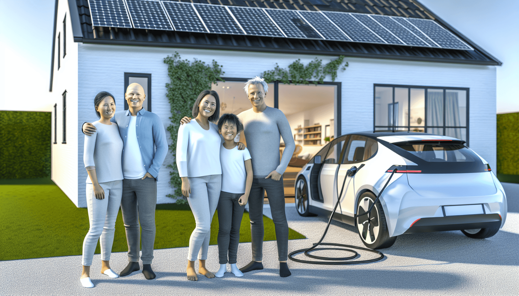 Familie foran hus med solceller og elbil